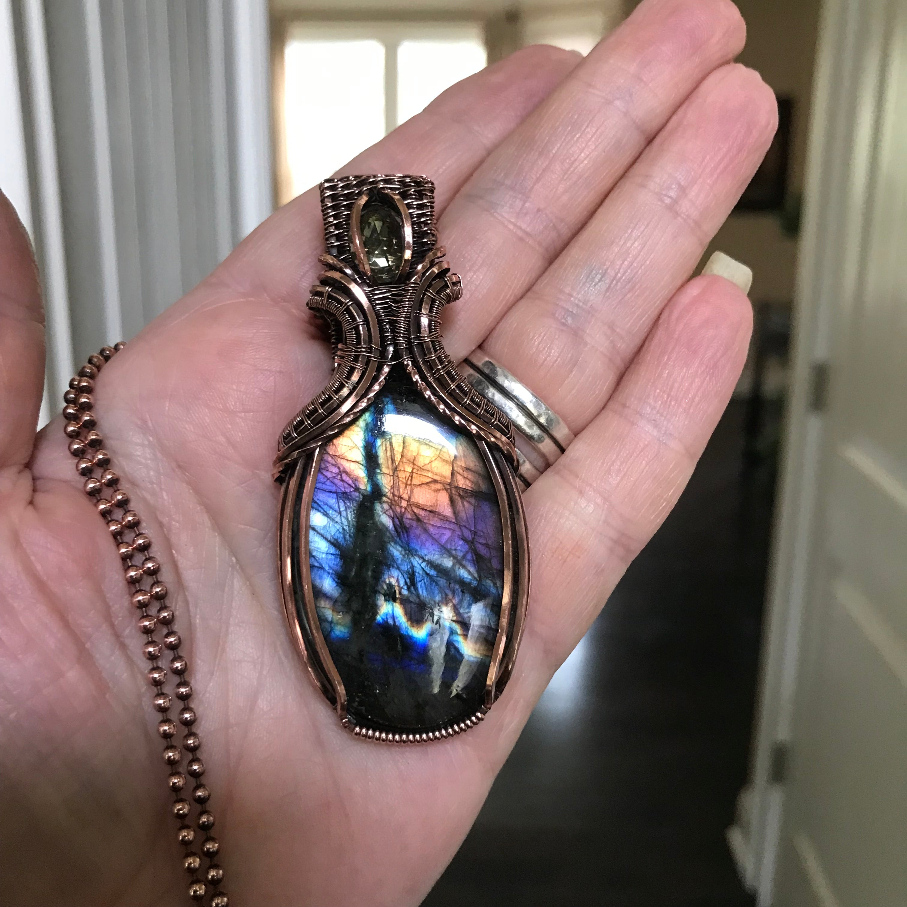 Rainbow Labradorite & Lemon Quartz Copper Pendant with Woven Bail
