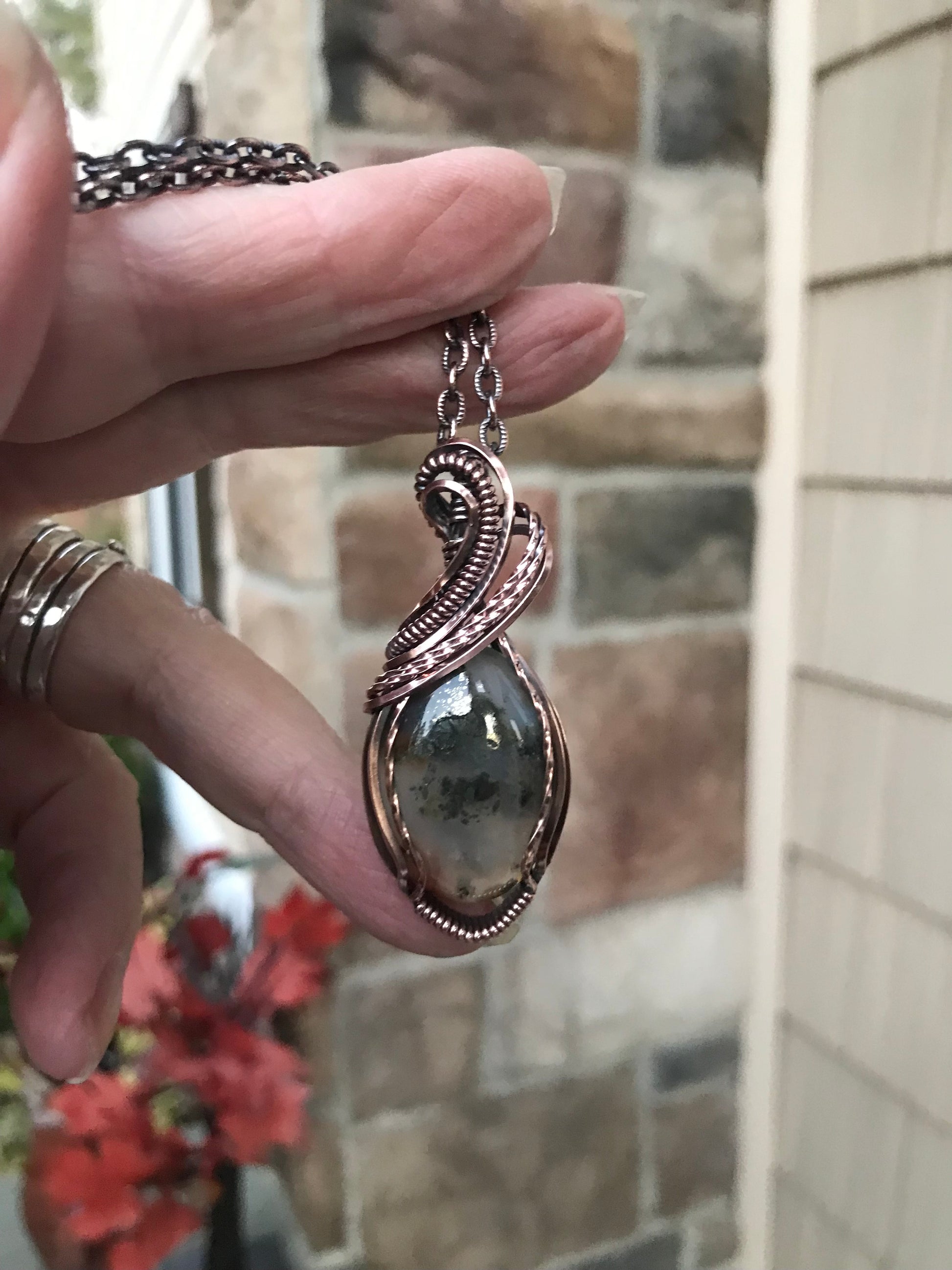 Graveyard Point Plume Moss Agate Copper Pendant