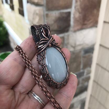 White Moonstone & Garnet Oval Wire Weave Copper Pendant
