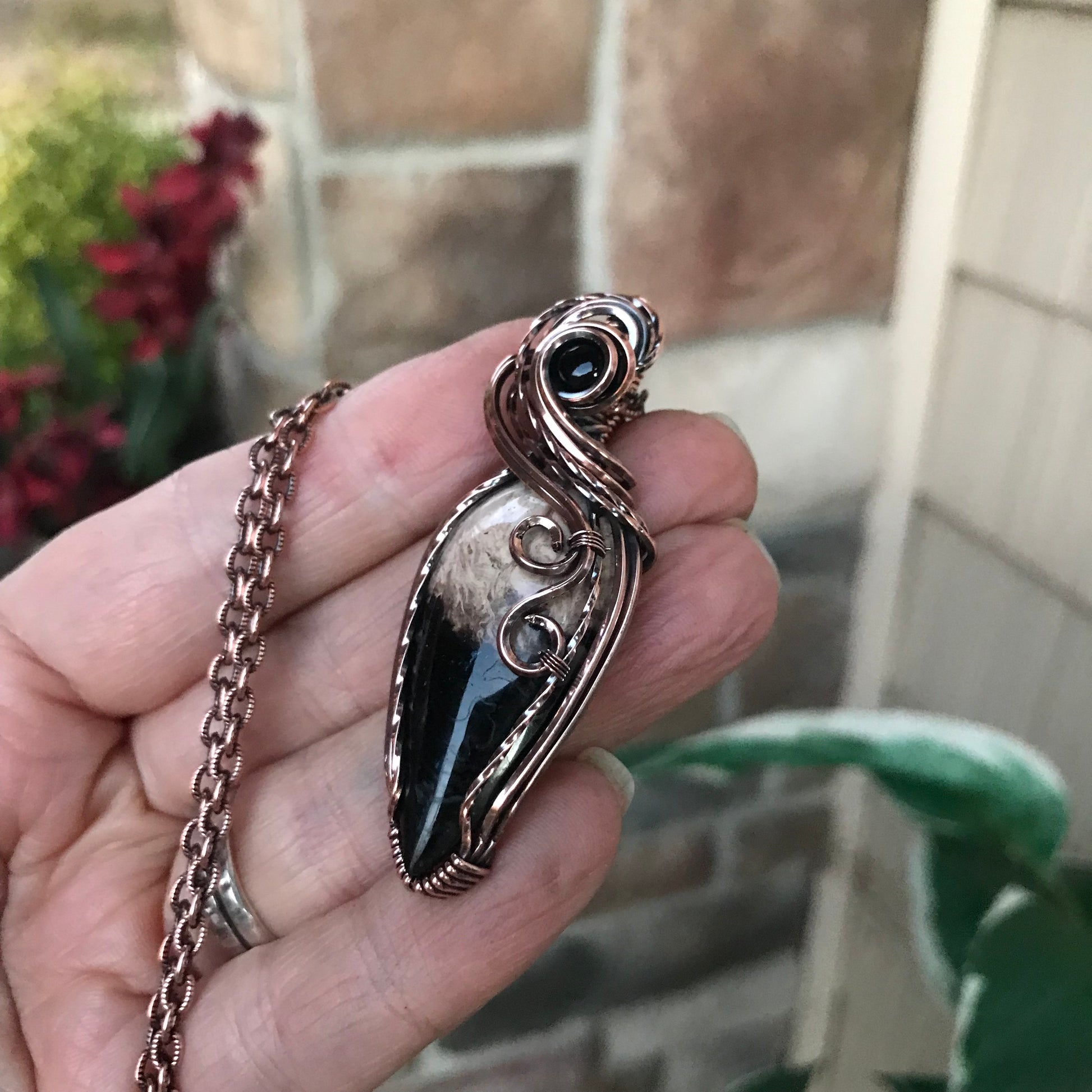 Petrified Palm Wood (Bird's Eye Agate)  & Black Onyx Copper Necklace