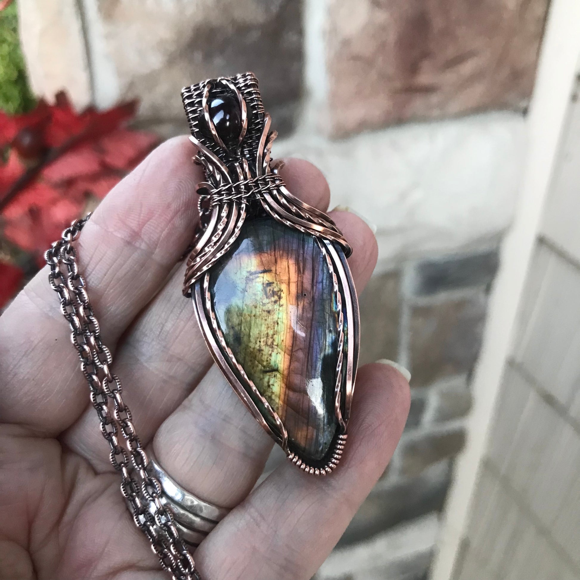 Rainbow Labradorite & Garnet Copper Pendant with Weaving
