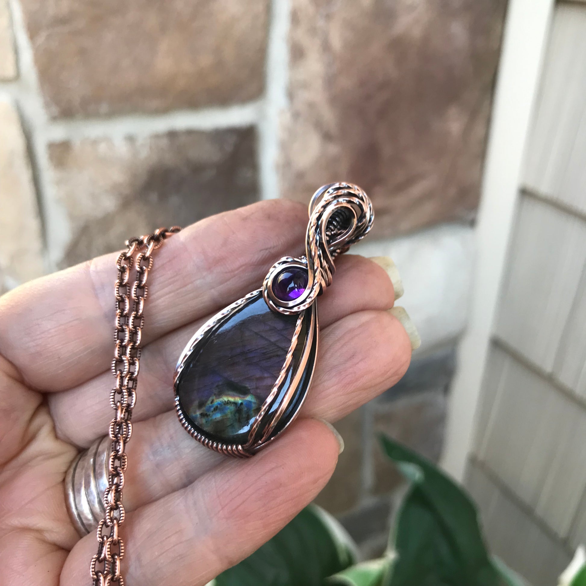 Purple Labradorite & Amethyst Teardrop Copper Pendant