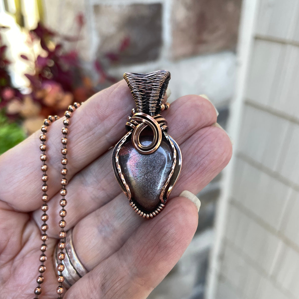Moonstone Sunstone Teardrop Copper Pendant