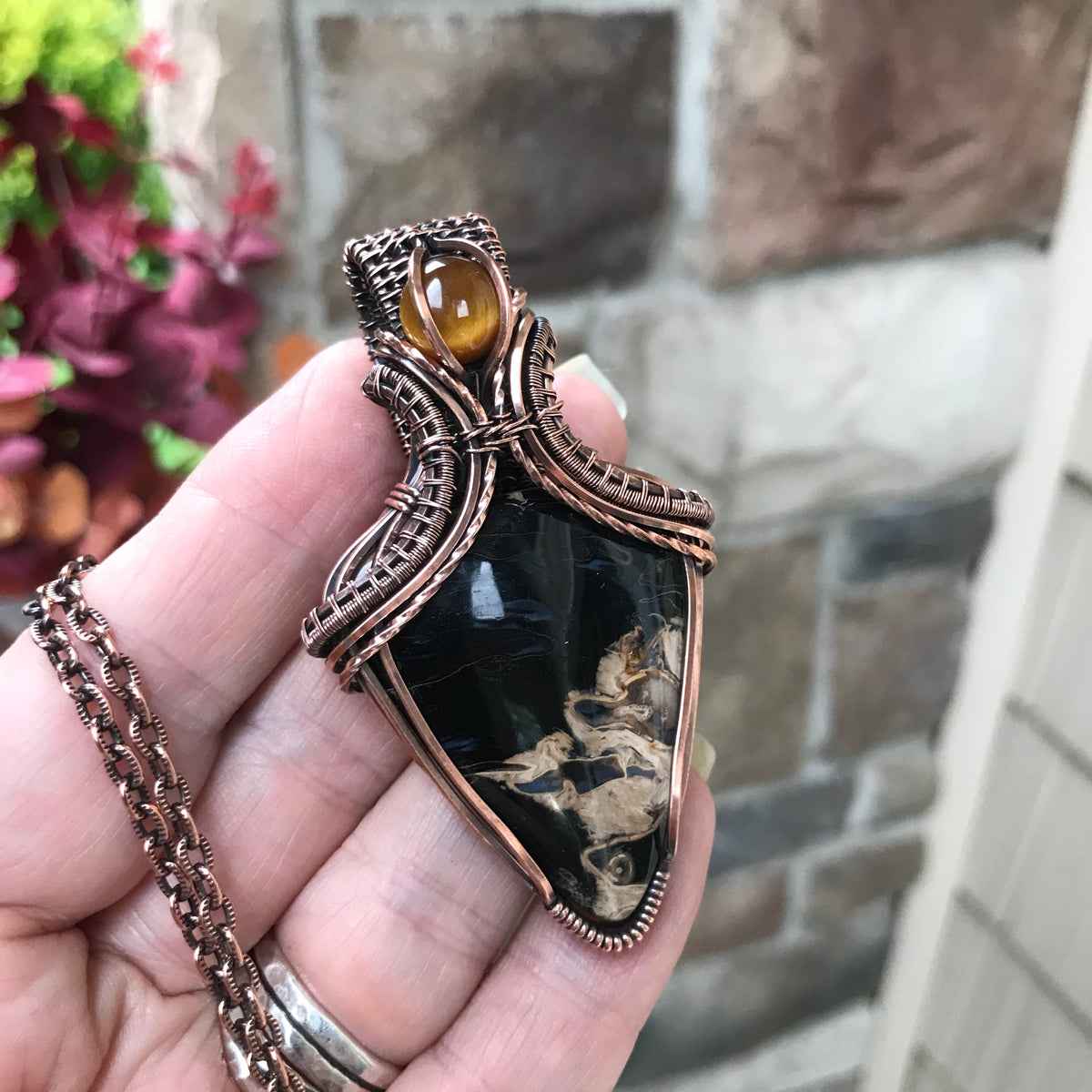 Petrified Palm Wood & Tiger Eye Copper Pendant with Weaving