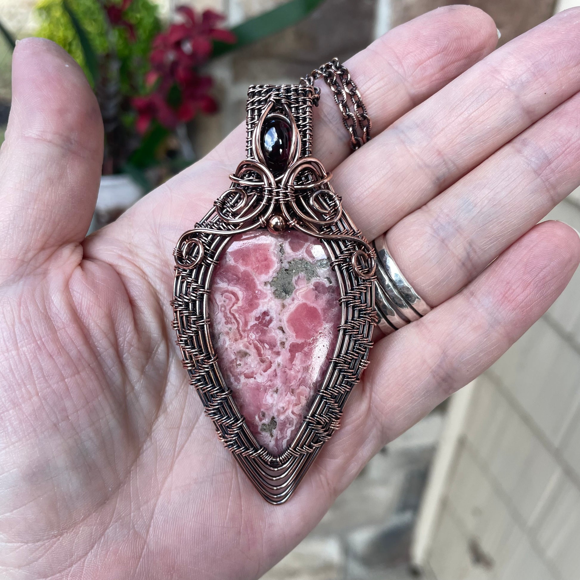 Rhodochrosite & Garnet Woven Copper Pendant