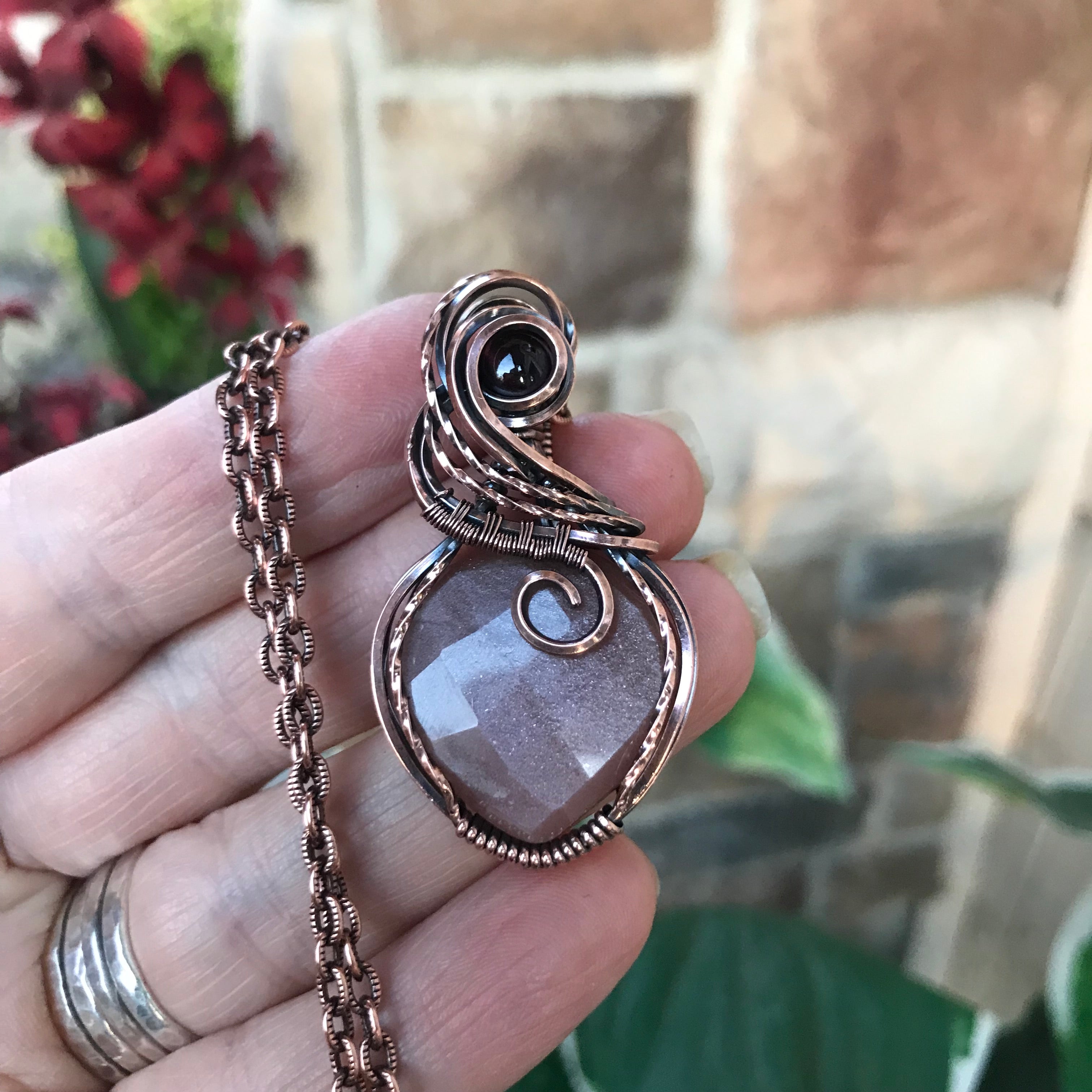 Peach Moonstone & Garnet Copper Necklace