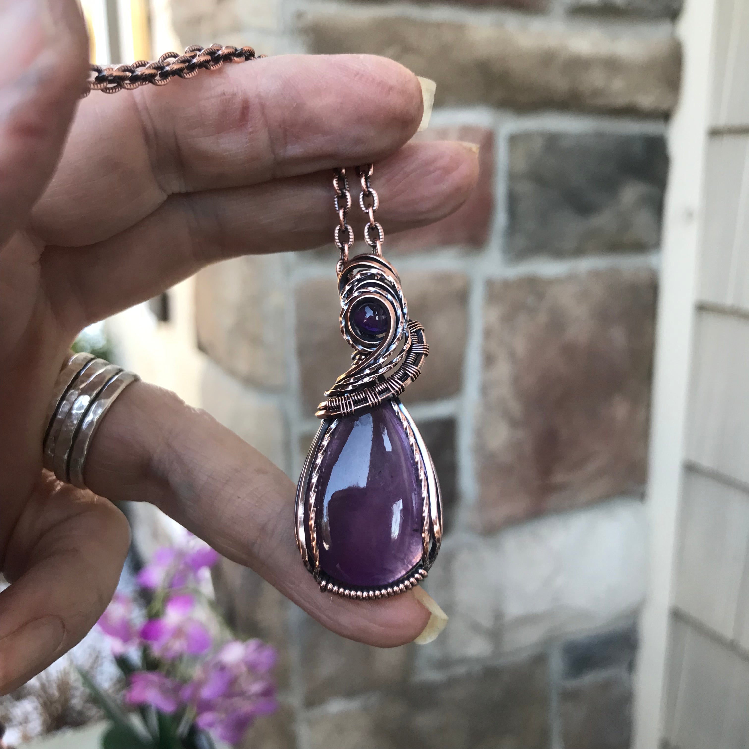 Amethyst with Amethyst Accent Teardrop Copper Pendant