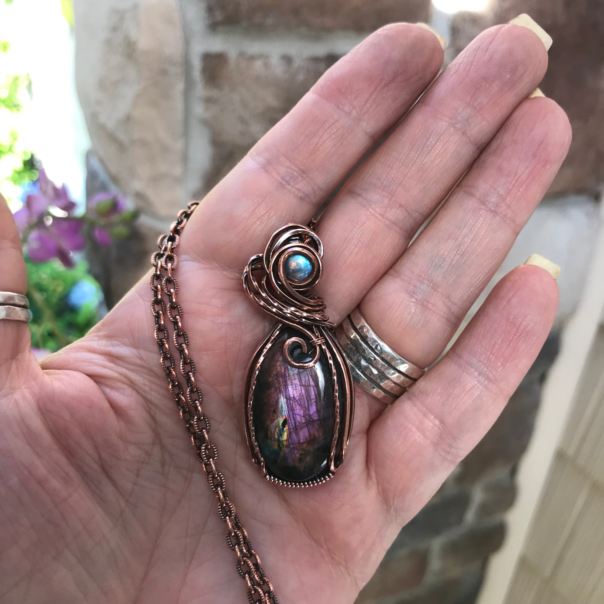 Purple Labradorite & Moonatone Copper Pendant