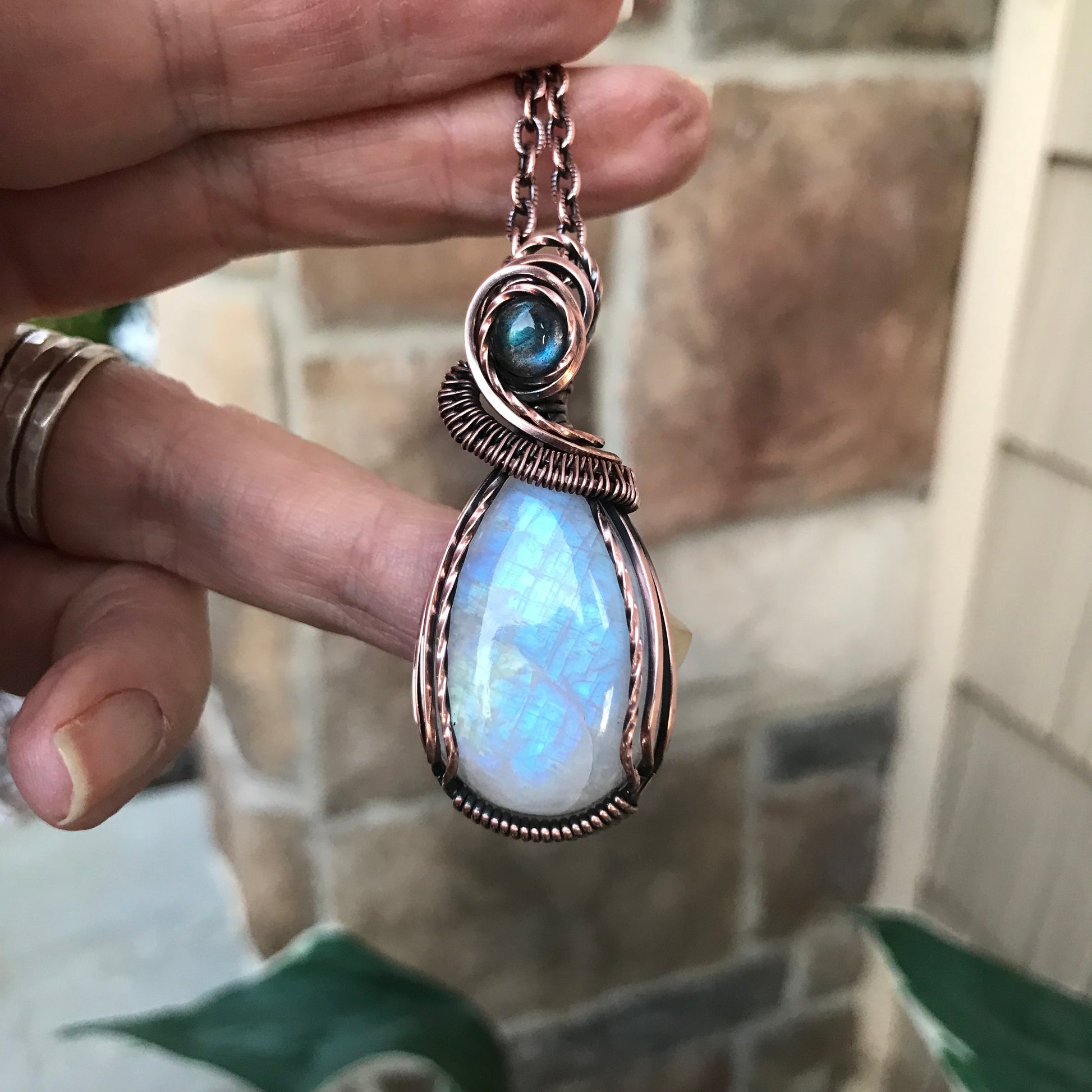 Moonstone & Blue Labradorite Teardrop Copper Necklace