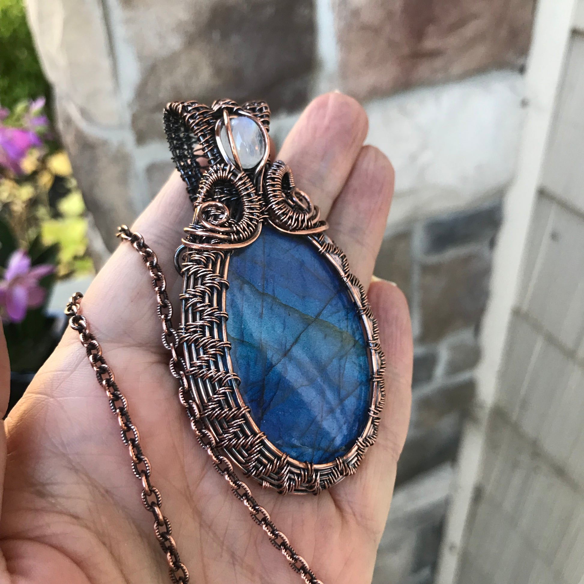 Blue Labradorite & Moonstone Copper Wire Weave Necklace