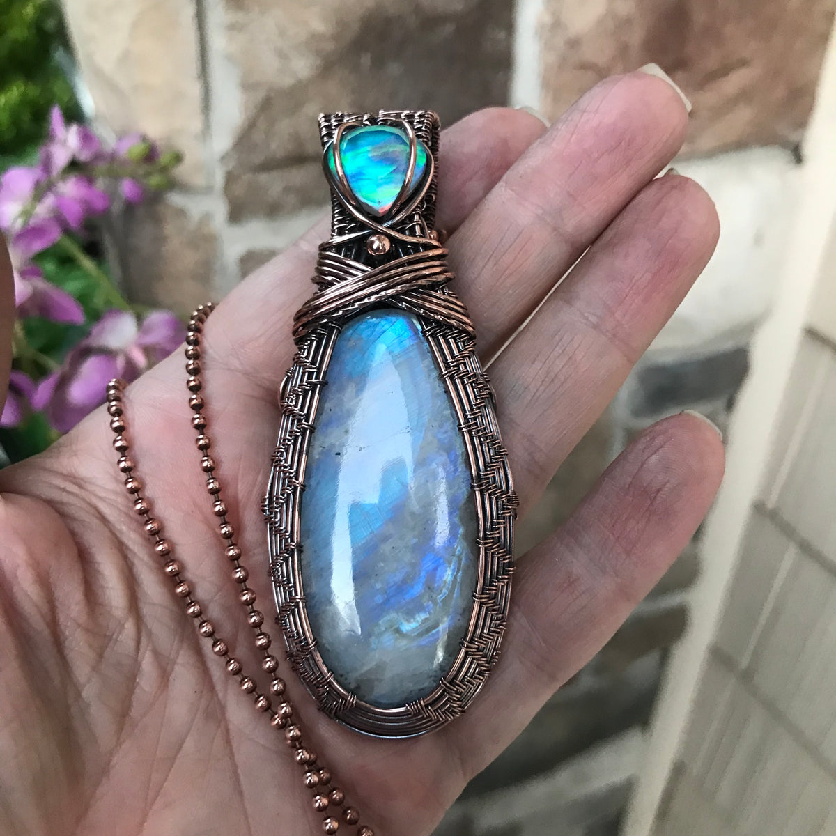 RESERVED - Rainbow Moonstone & Aurora Opal Copper Woven Pendant