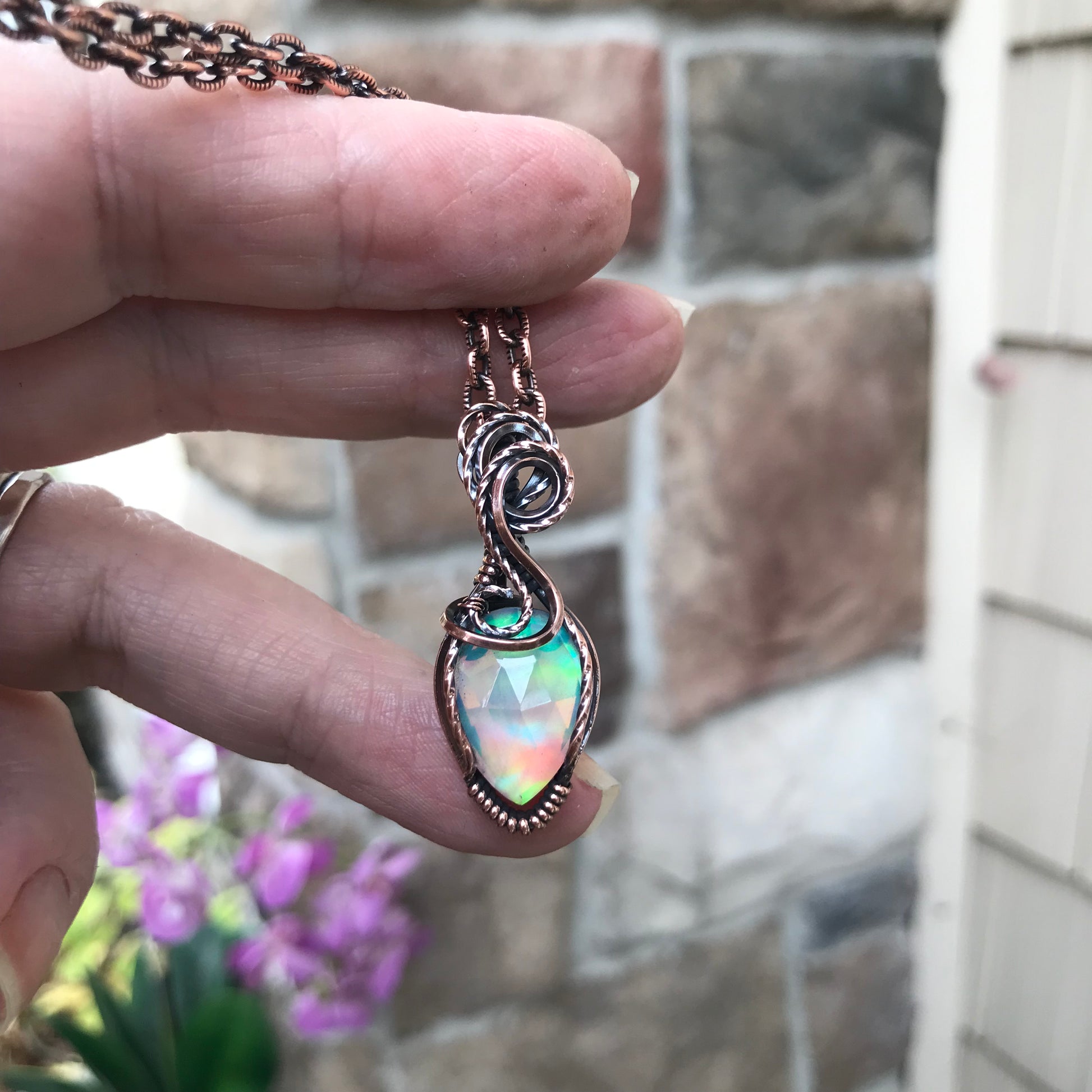 Aurora Opal Small Teardrop Copper Pendant