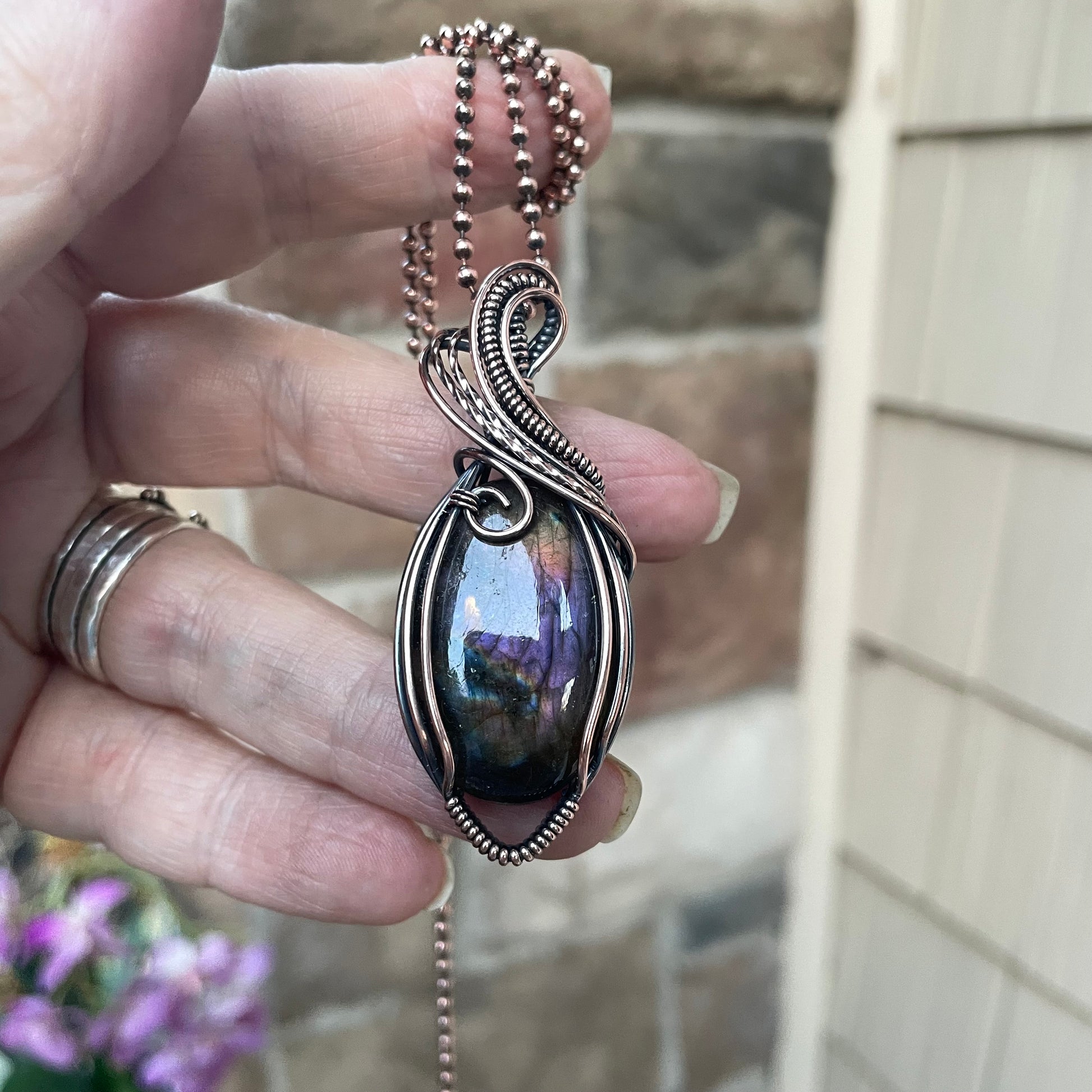 Purple Oval Labradorite Copper Pendant
