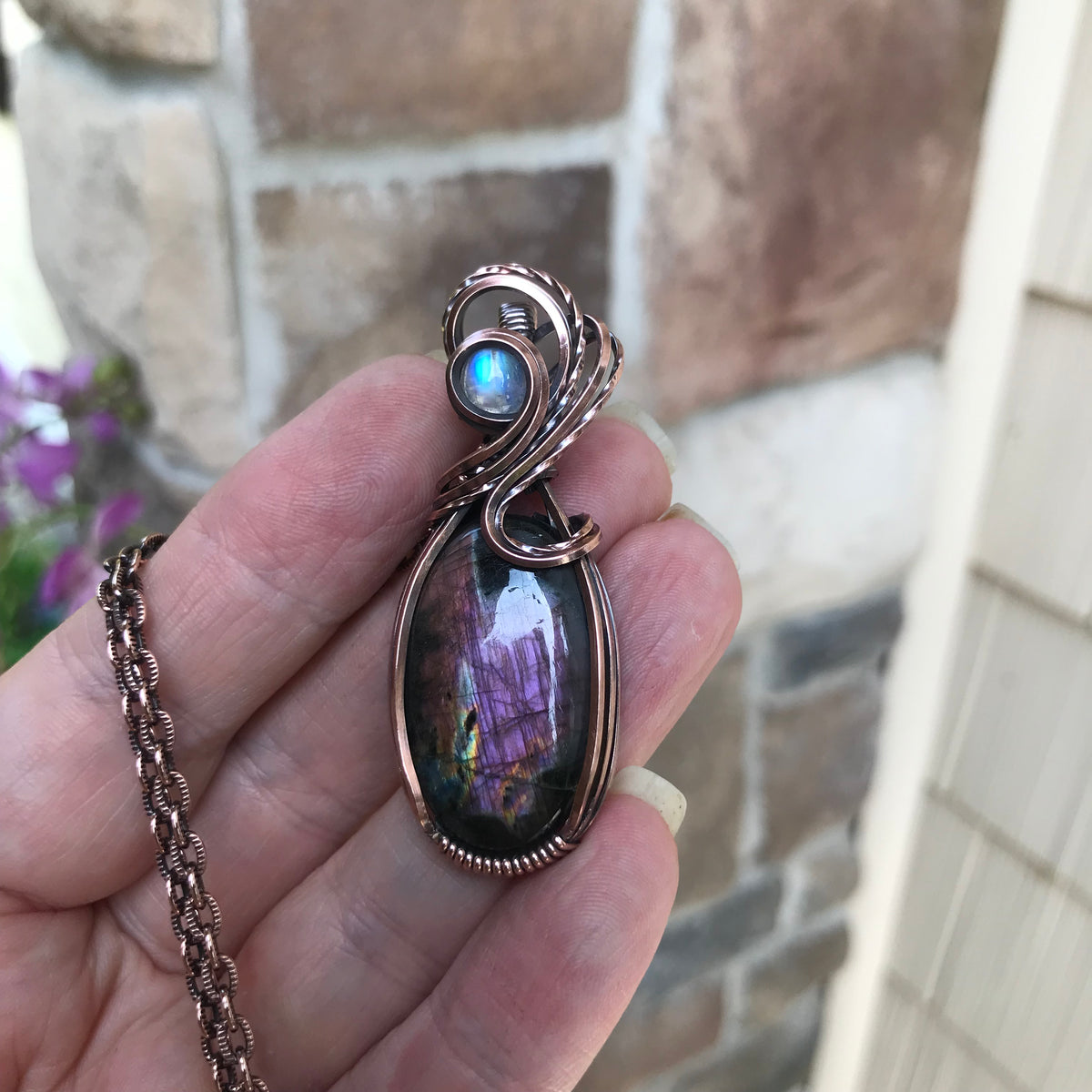 Purple Labradorite & Moonstone Oval Copper Pendant