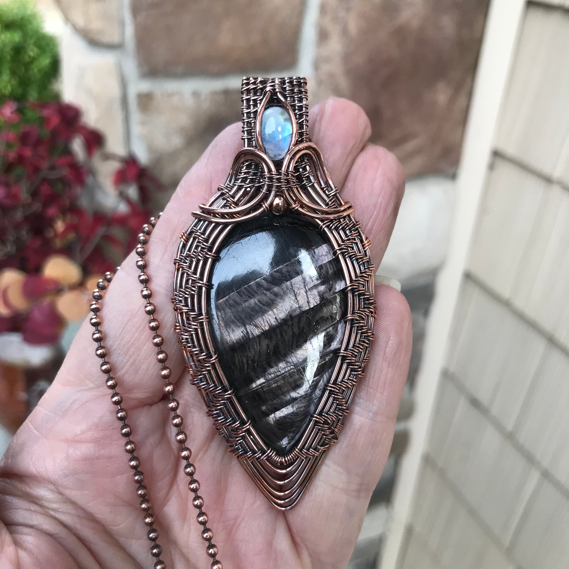 Hypersthene & Moonstone Woven Pendant