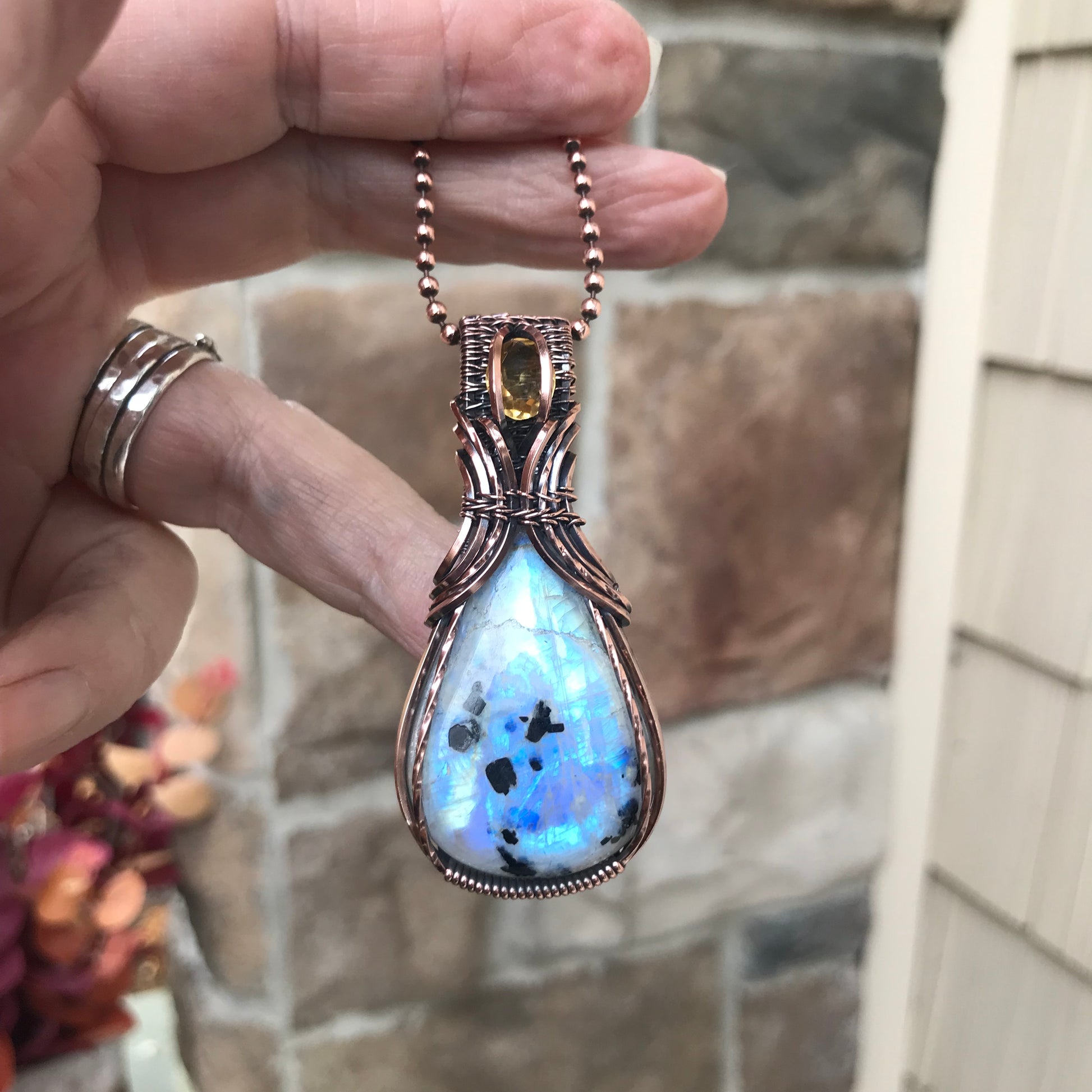Moonstone with Tourmaline & Citrine Copper Pendant