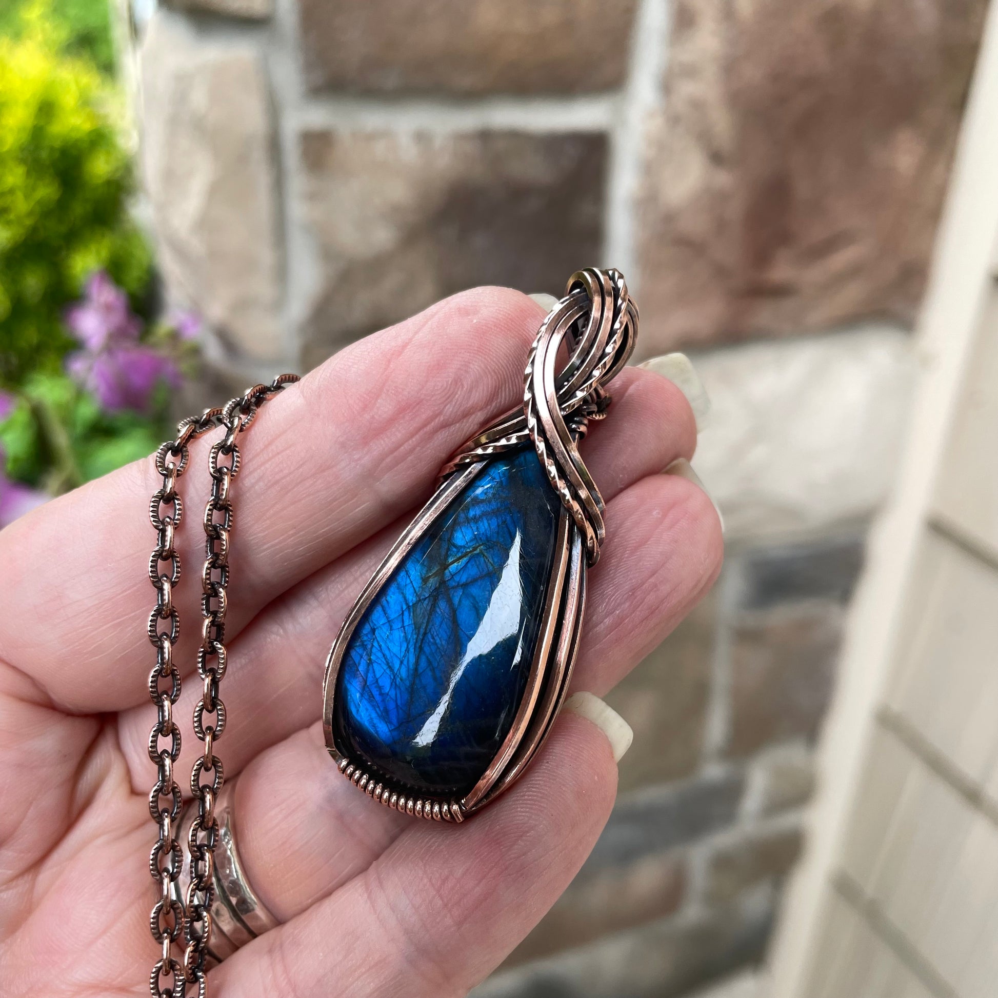 Blue Labradorite Criss Cross Copper Pendant