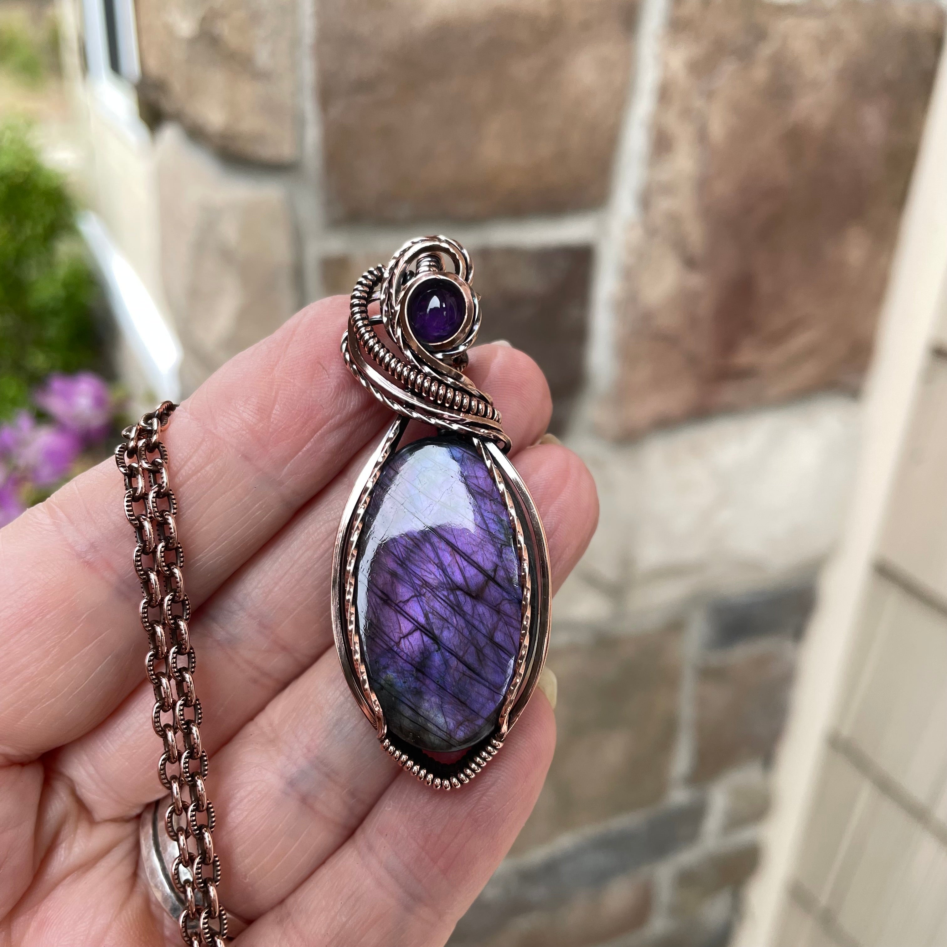 Purple Oval Labradorite & Amethyst Copper Pendant