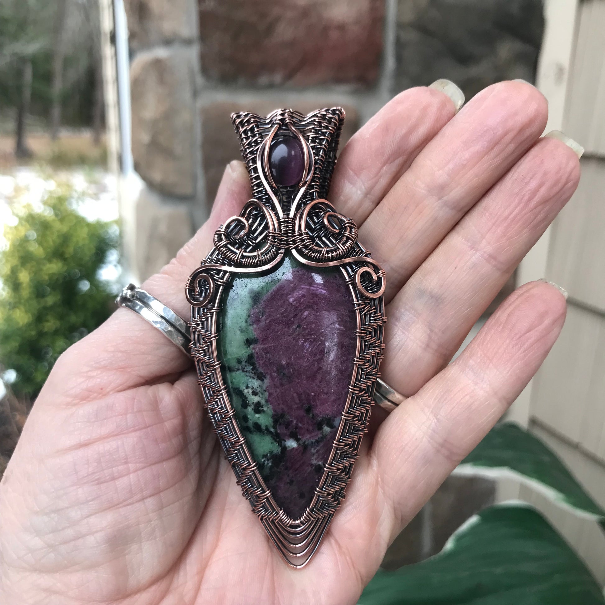 Ruby Zoisite Wire Weave Copper Pendant