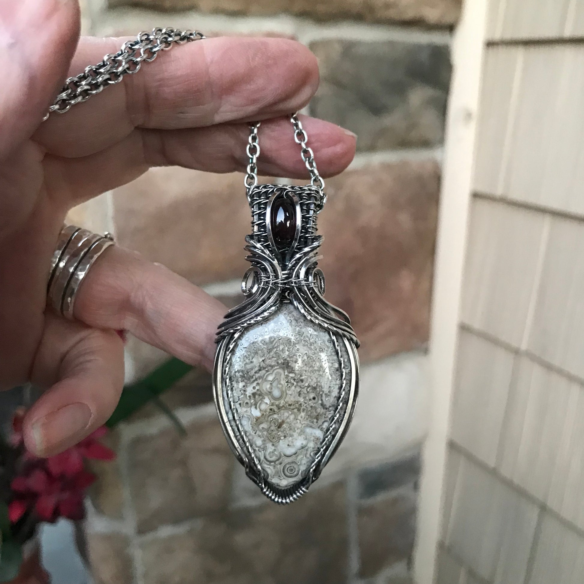 Mexican Crazy Lace Agate & Garnet Oval Sterling Silver Necklace