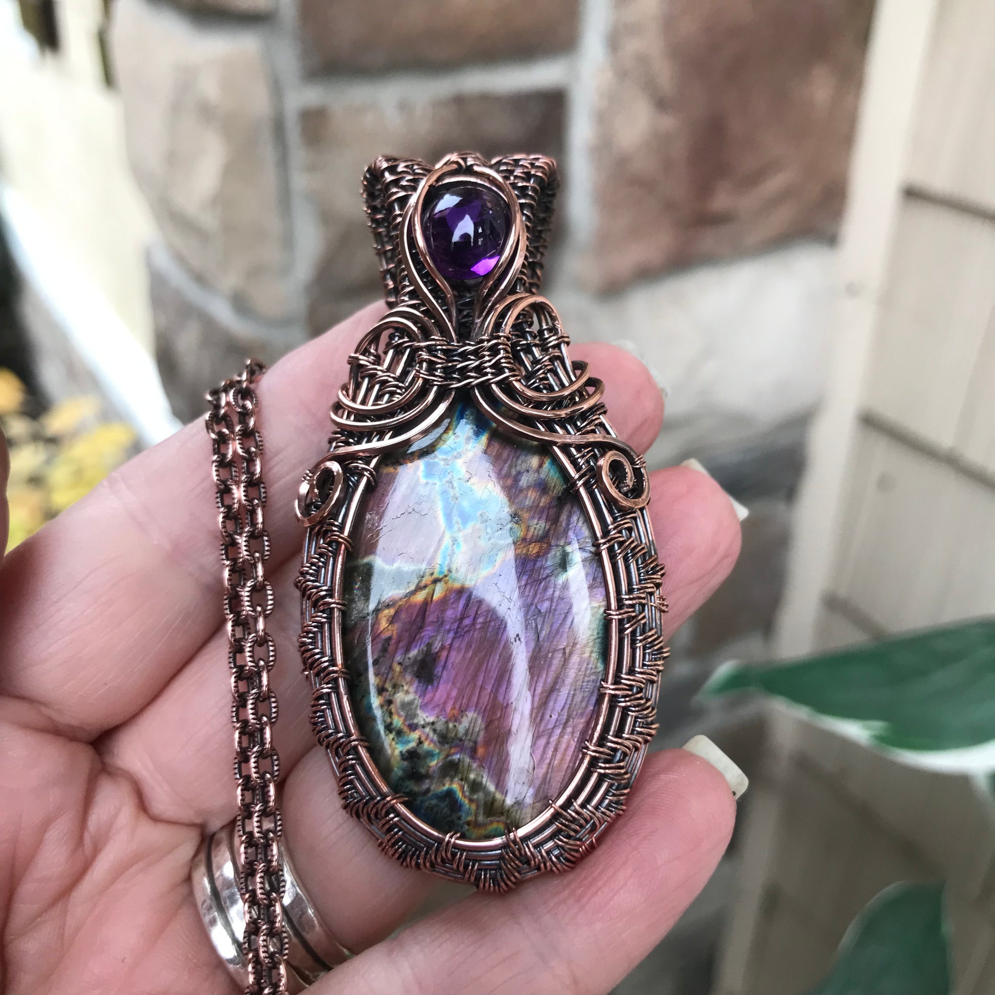 Purple Pink Labradorite & Amethyst Oval Copper Woven Pendant