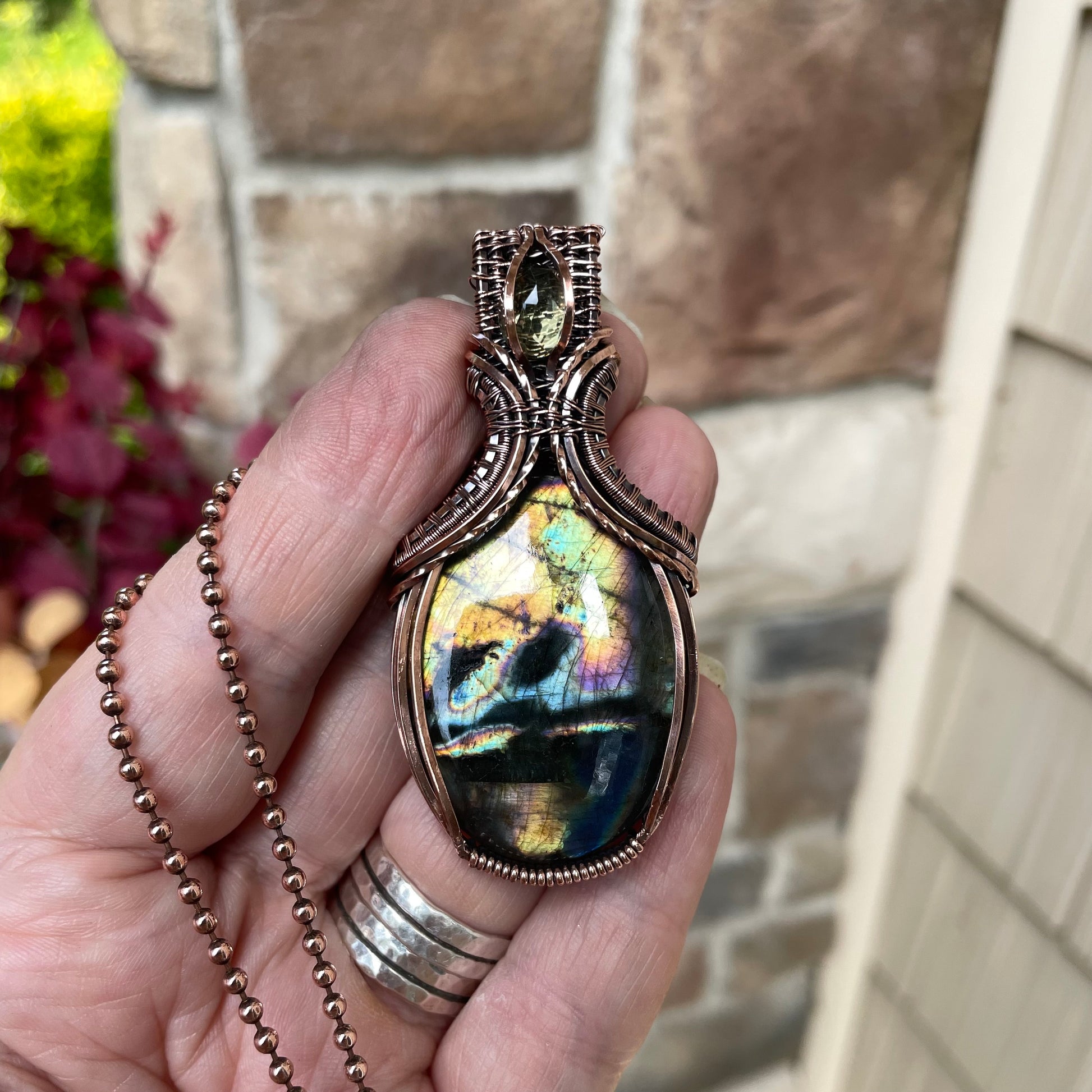 Yellow Orange Labradorite & Lemon Quartz Oval Copper Necklace with Weaving