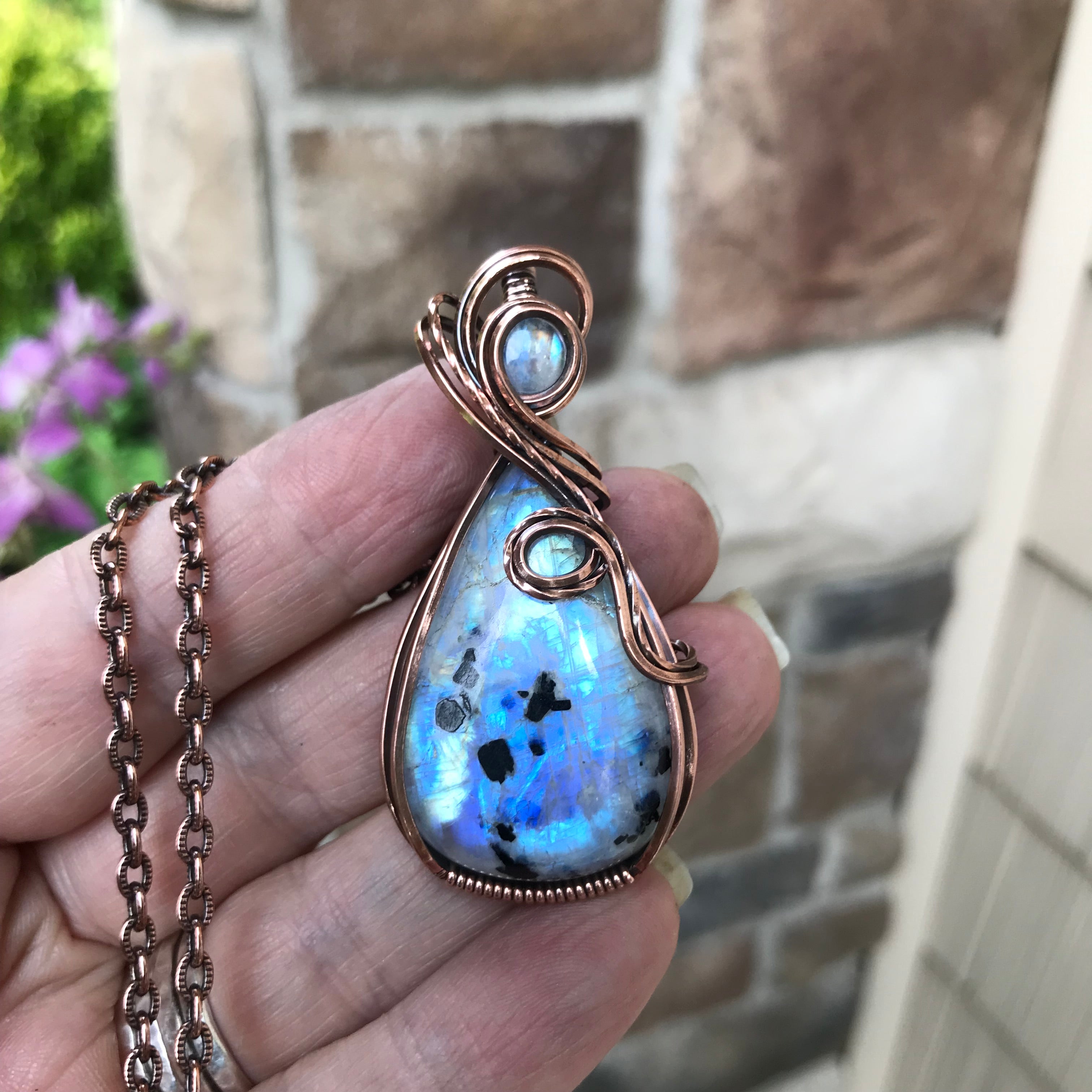 Moonstone with Black Tourmaline Copper Pendant