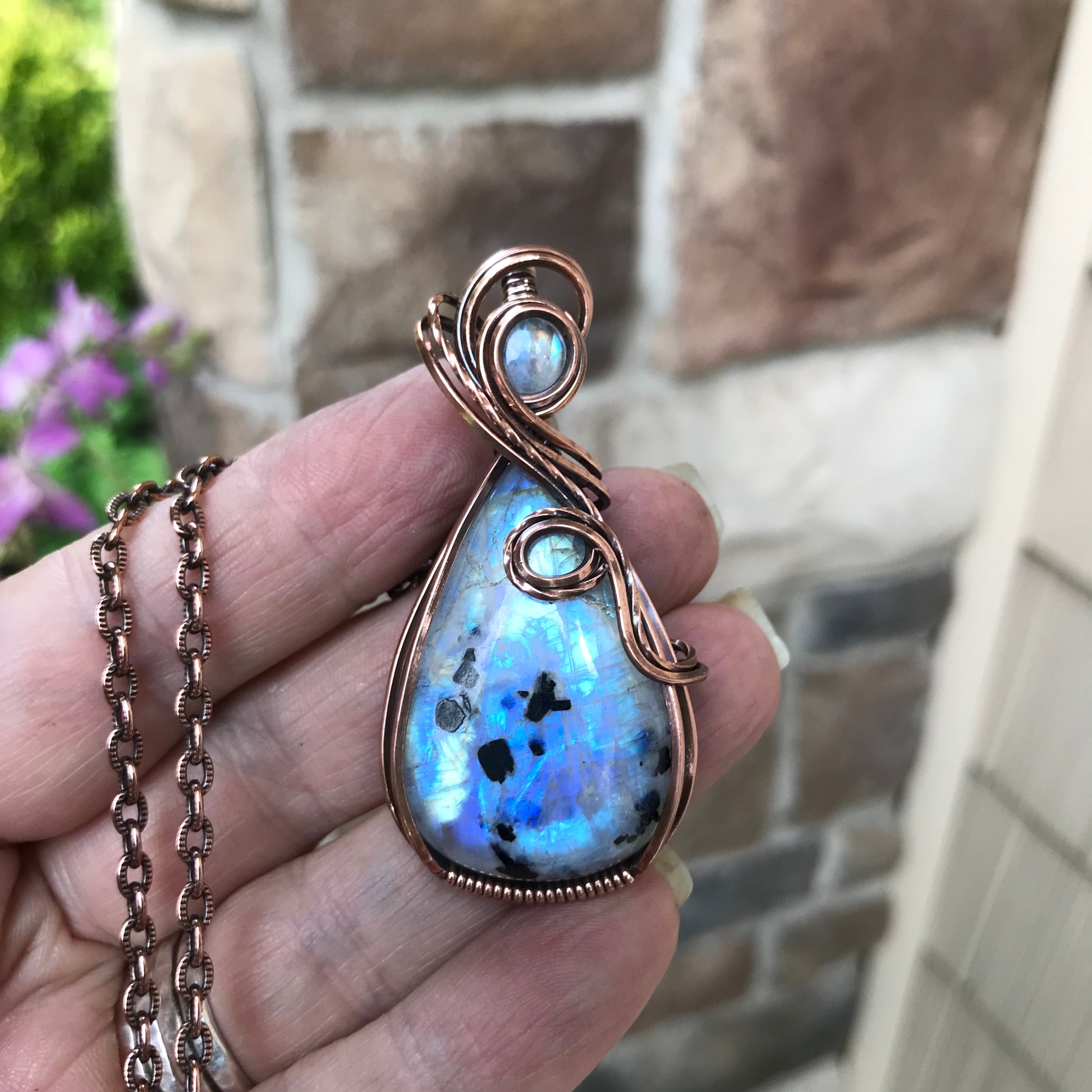 Moonstone with Black Tourmaline Copper Pendant