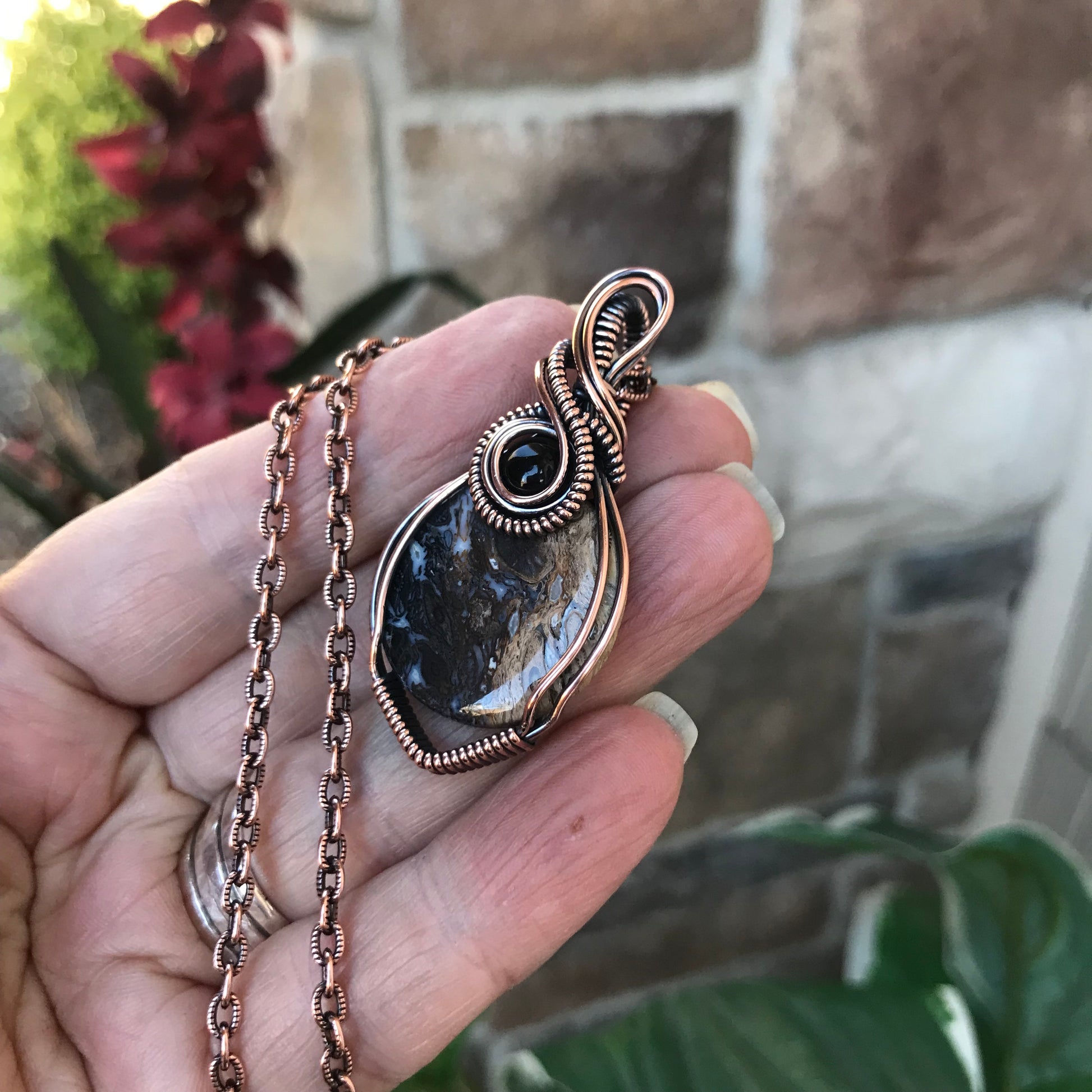 Petrified Palm Wood & Smoky Quartz Round Copper Necklace