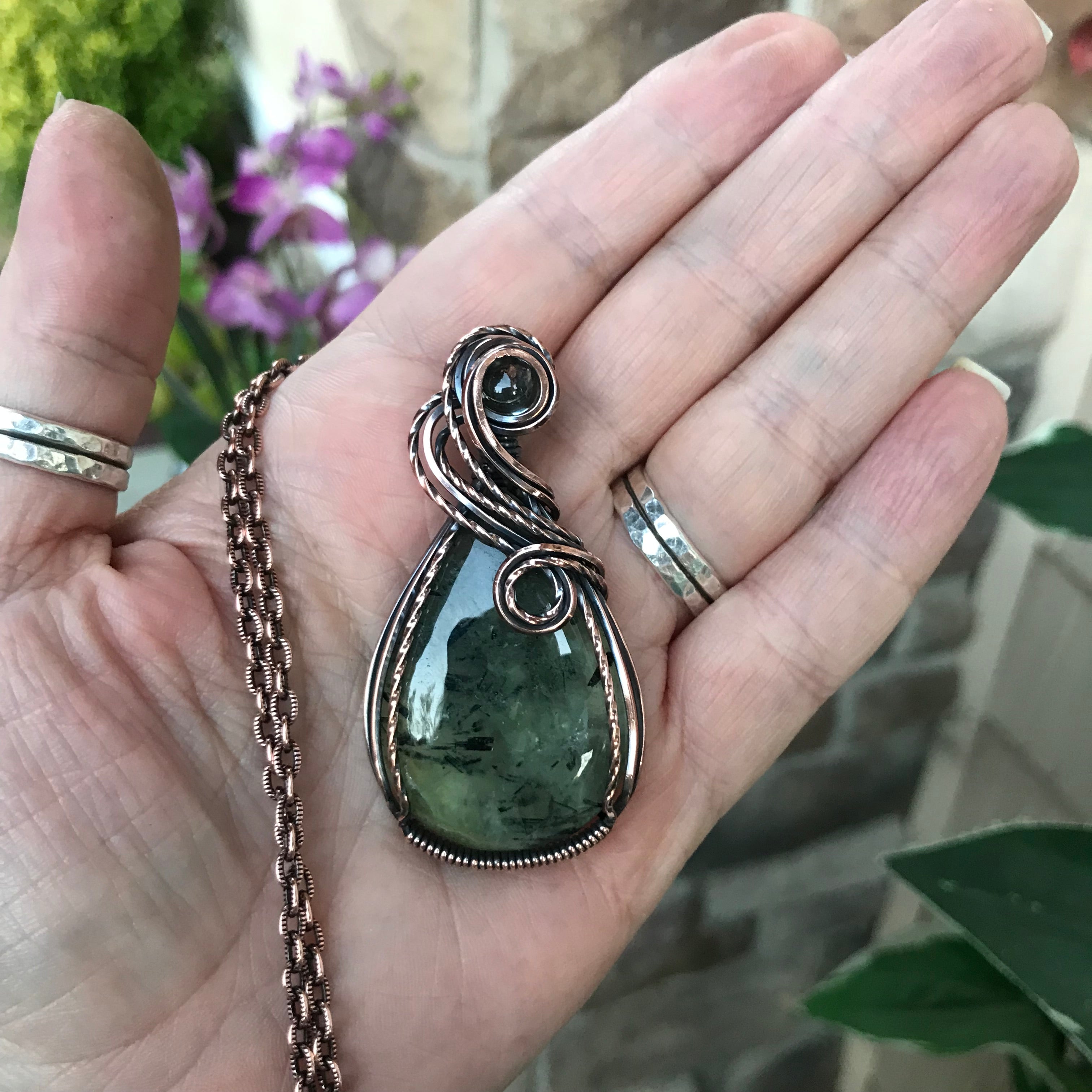 Prehnite & Prasiolite Copper Teardrop Pendant