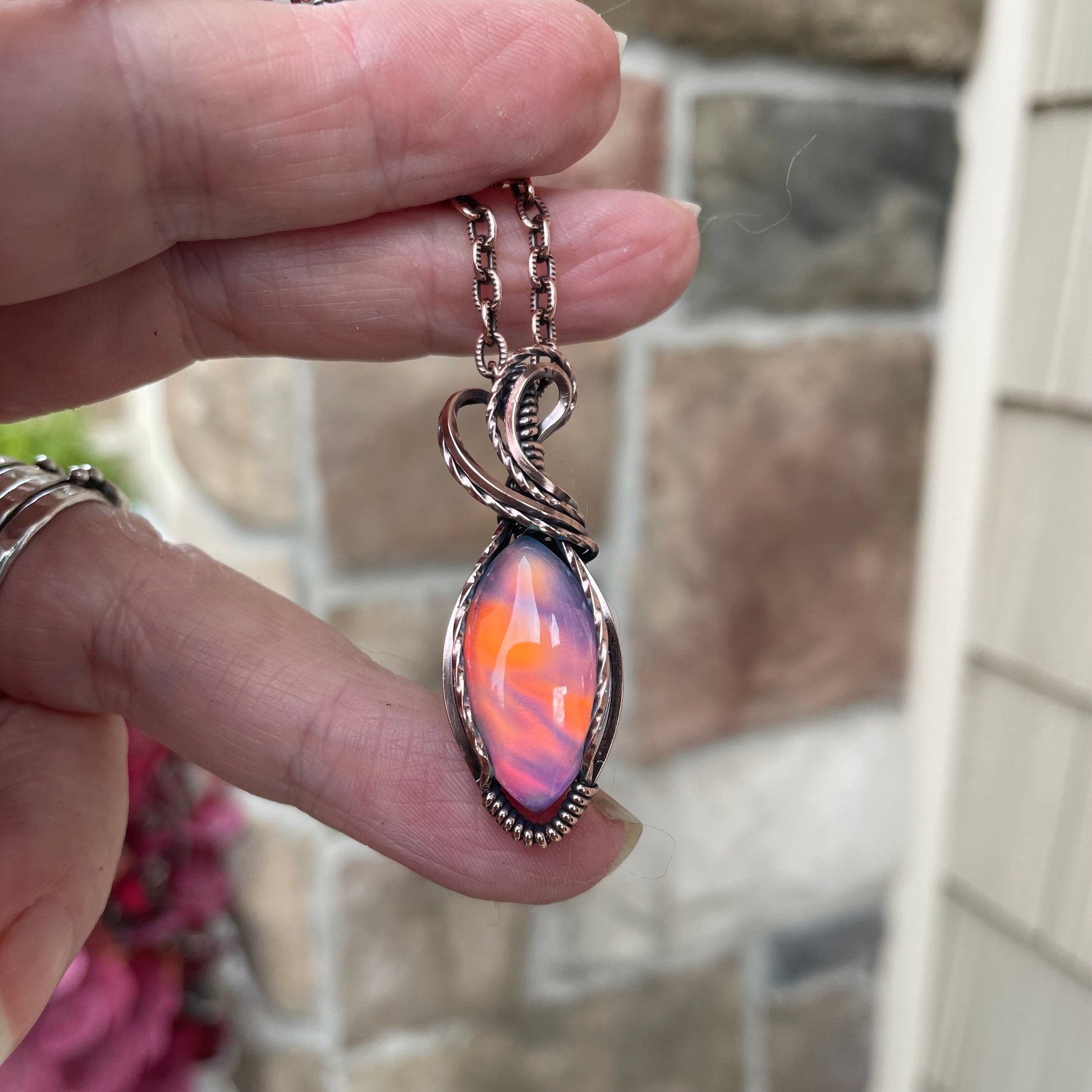 Aurora Opal Orange Pink Marquis Copper Necklace