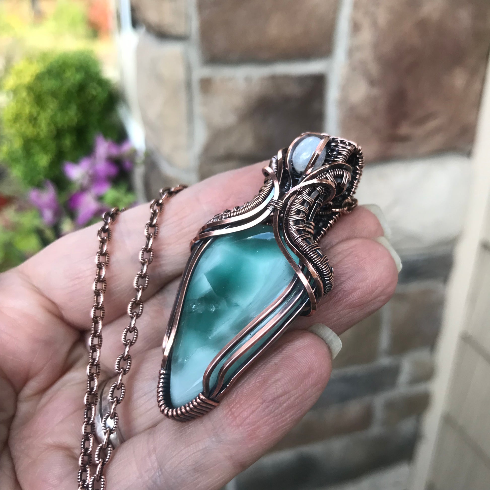 RESERVED FOR K - Hemimorphite & Moonstone Copper Pendant with Weaving