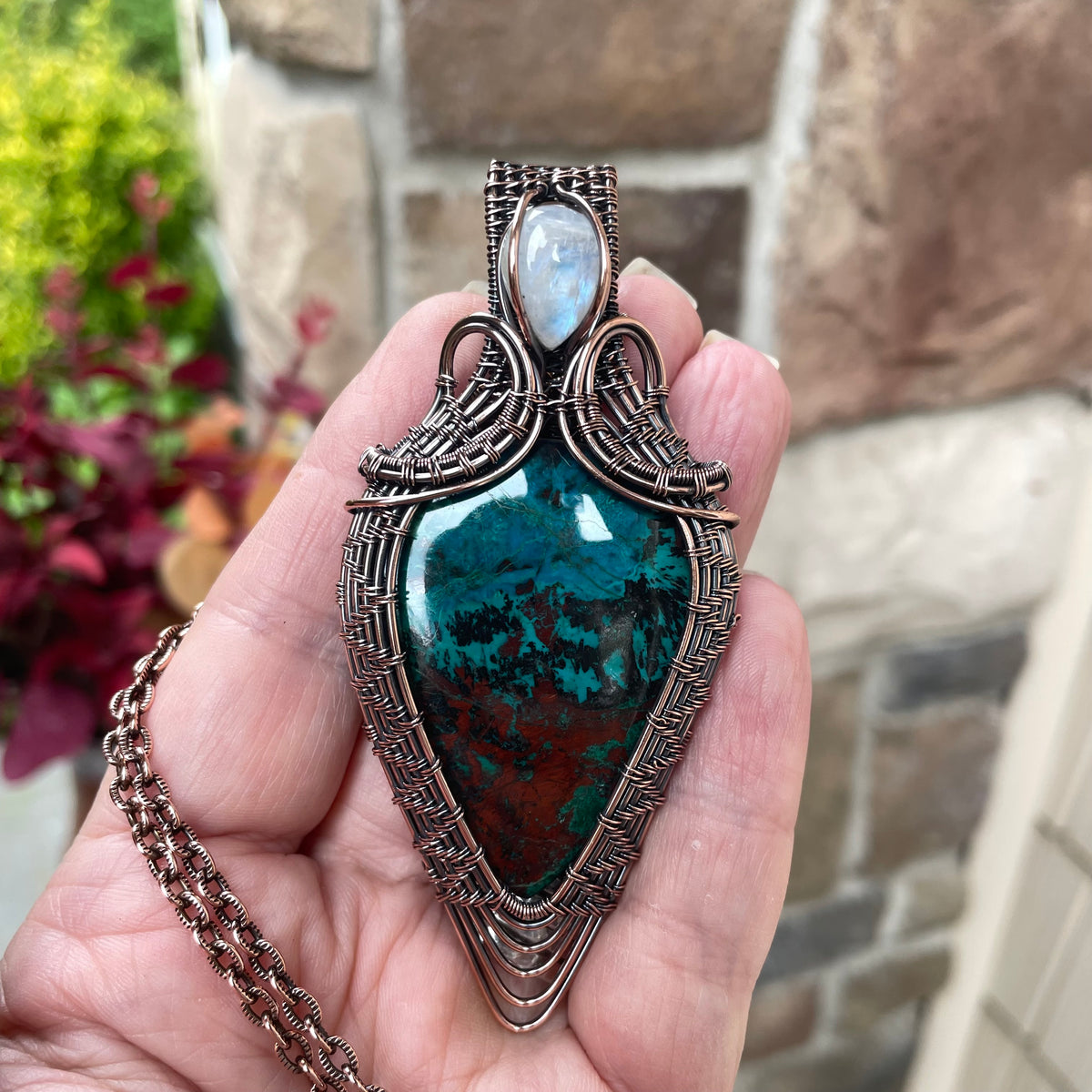 Chrysocolla & Moonstone Woven Statement Pendant
