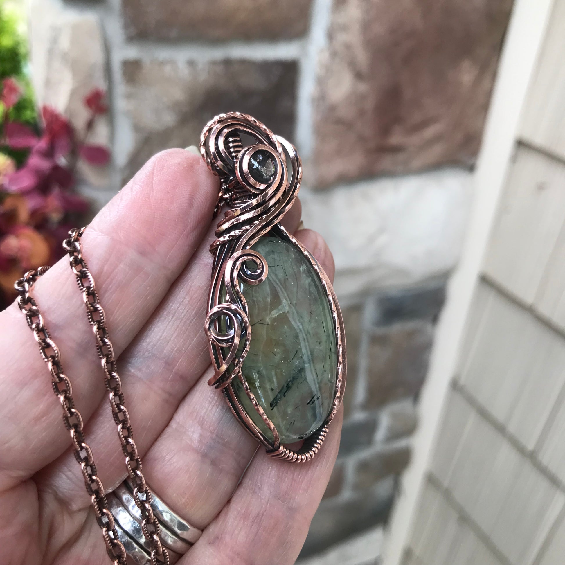 Prehnite & Prasiolite Swirly Copper Pendant