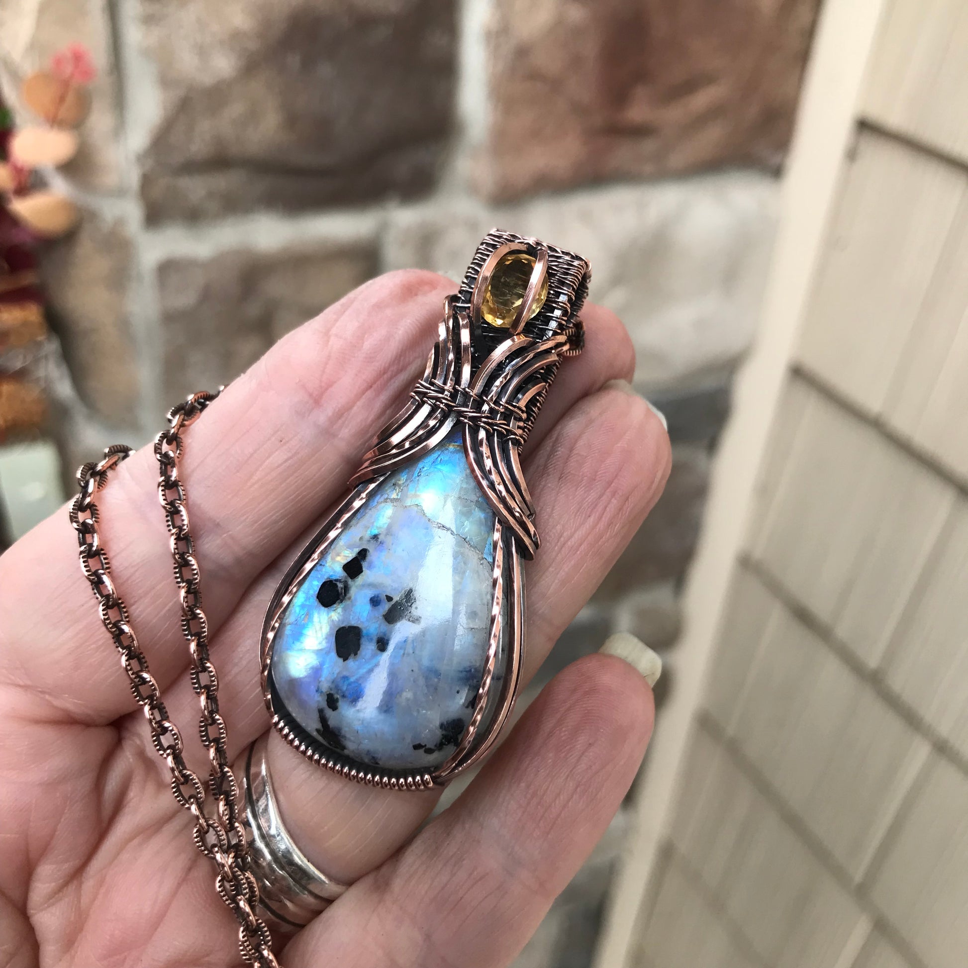 Moonstone with Tourmaline & Citrine Copper Pendant