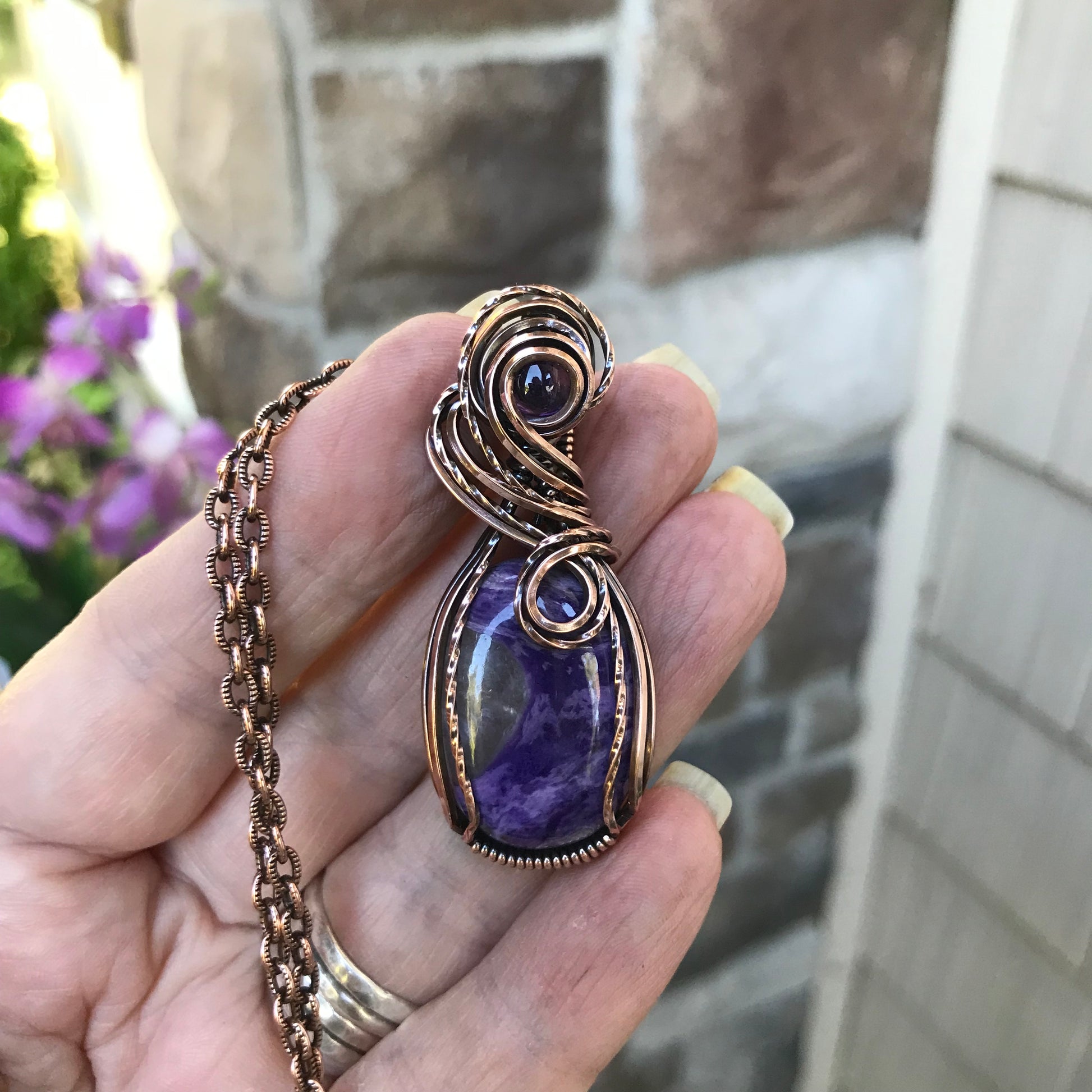 Charoite & Amethyst Oval Copper Pendant