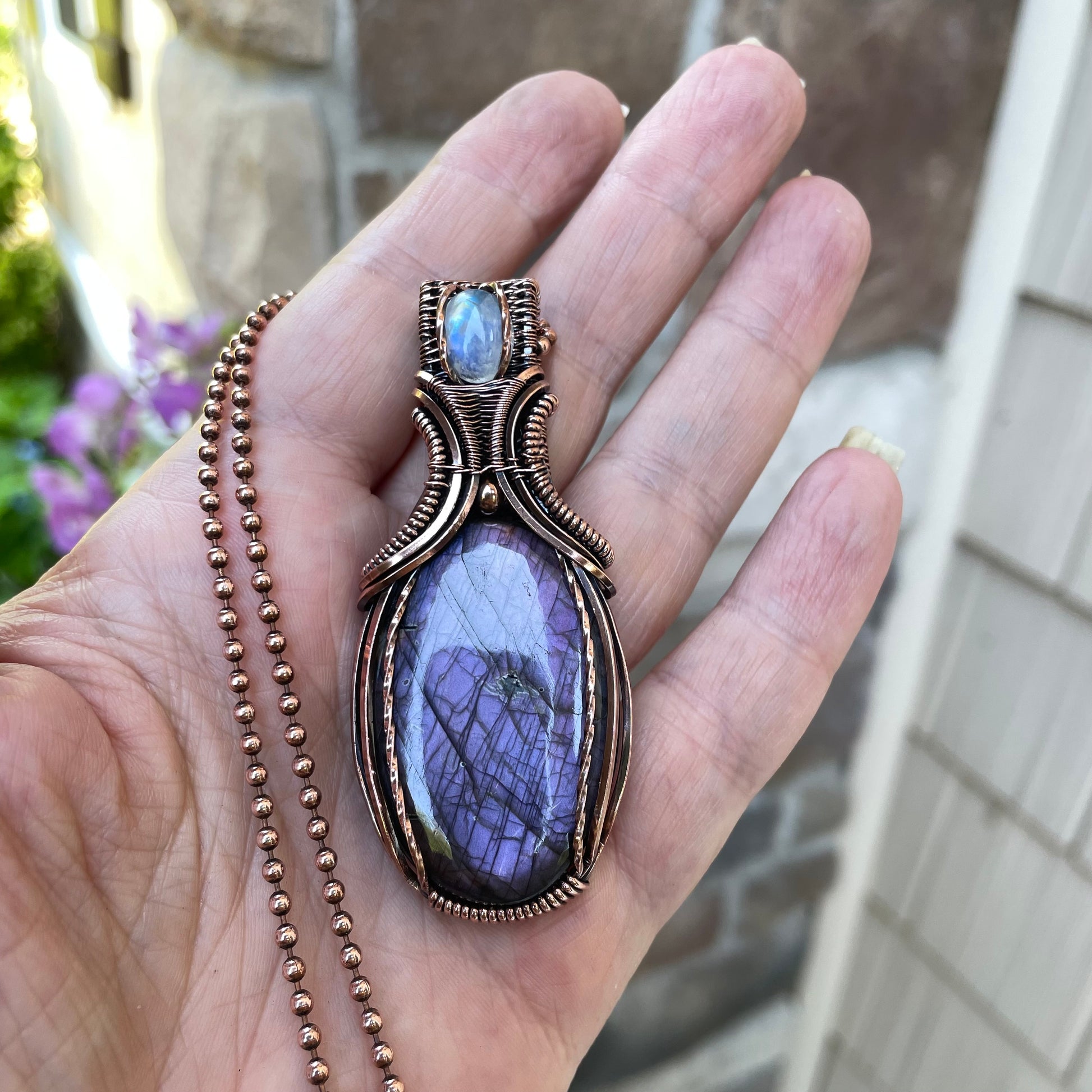 Purple Labradorite & Moonstone Oval Copper Necklace with Weaving