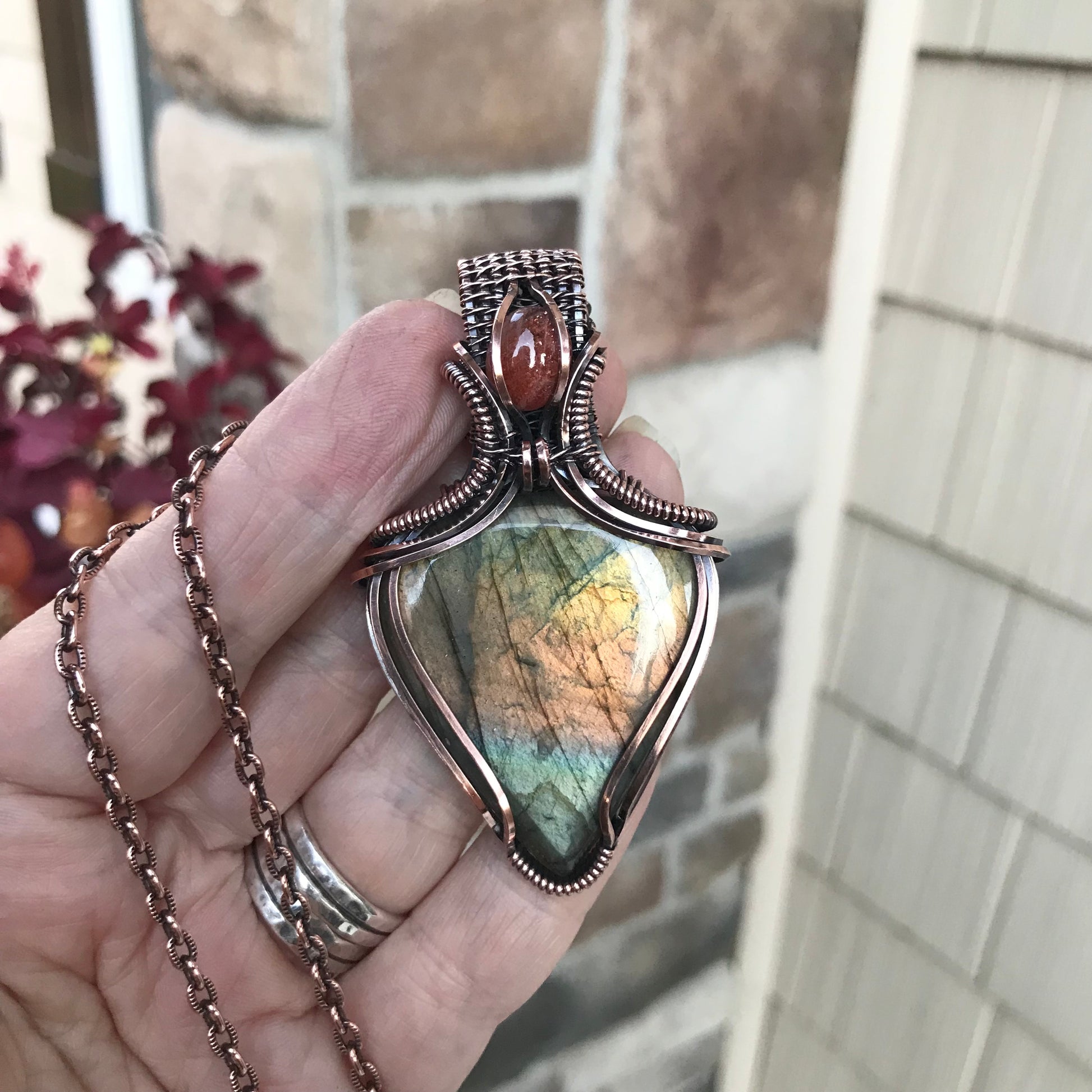 Amber Yellow Labradorite & Citrine Copper Pendant
