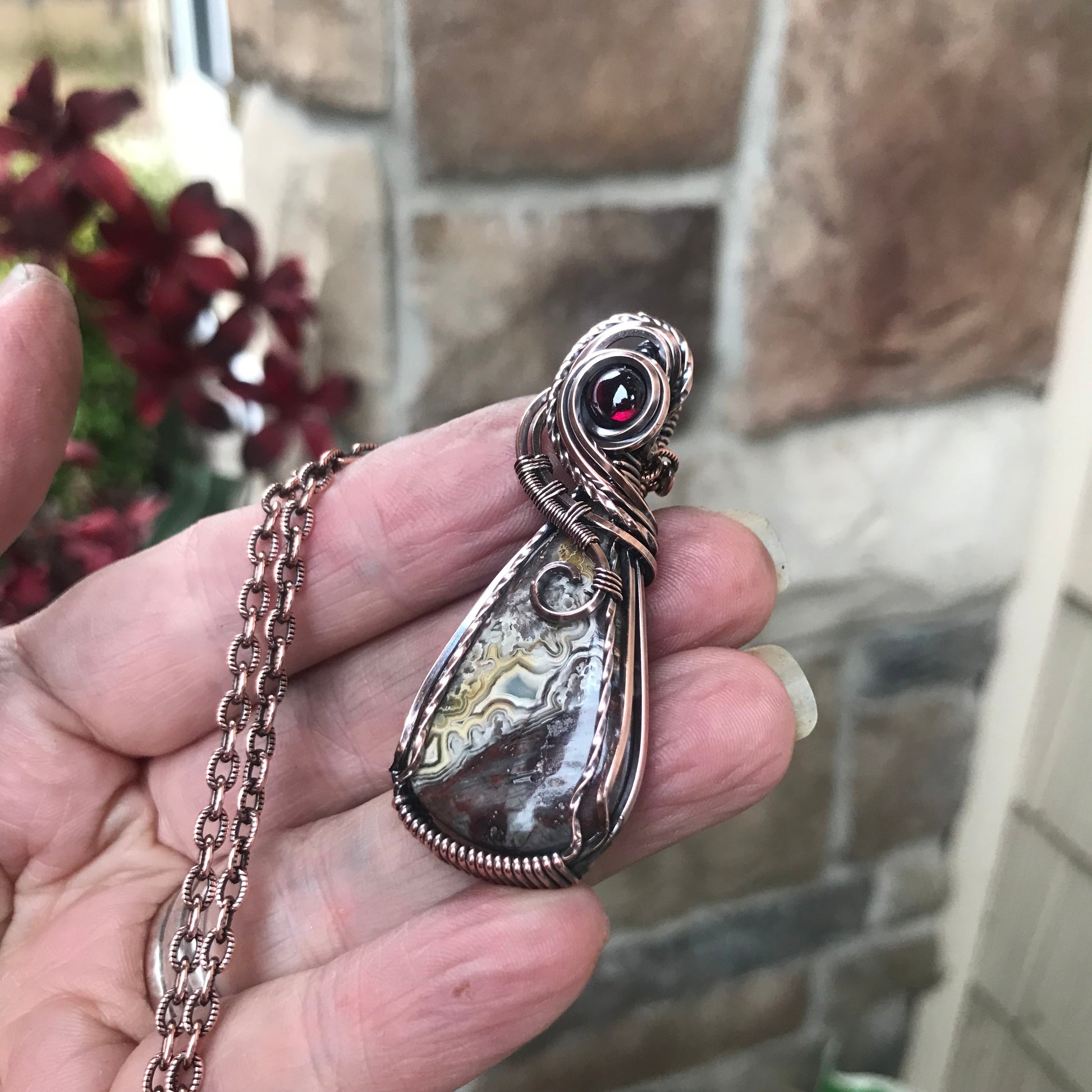 Maroon White Crazy Lace Agate & Garnet Copper Pendant