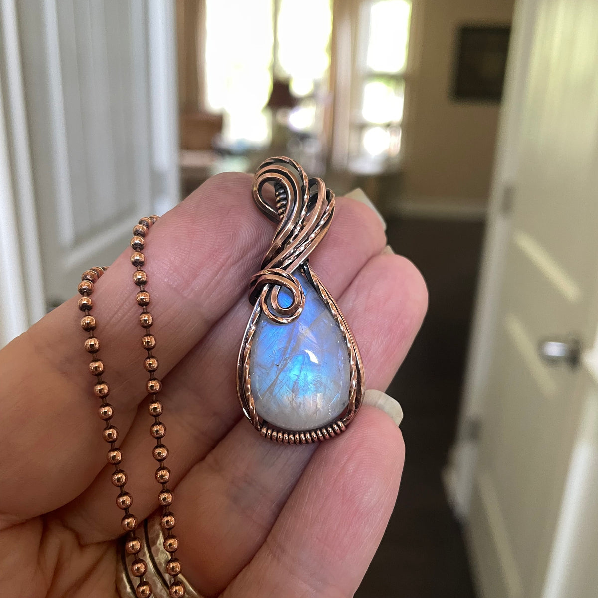 Rainbow Moonstone Copper Pendant