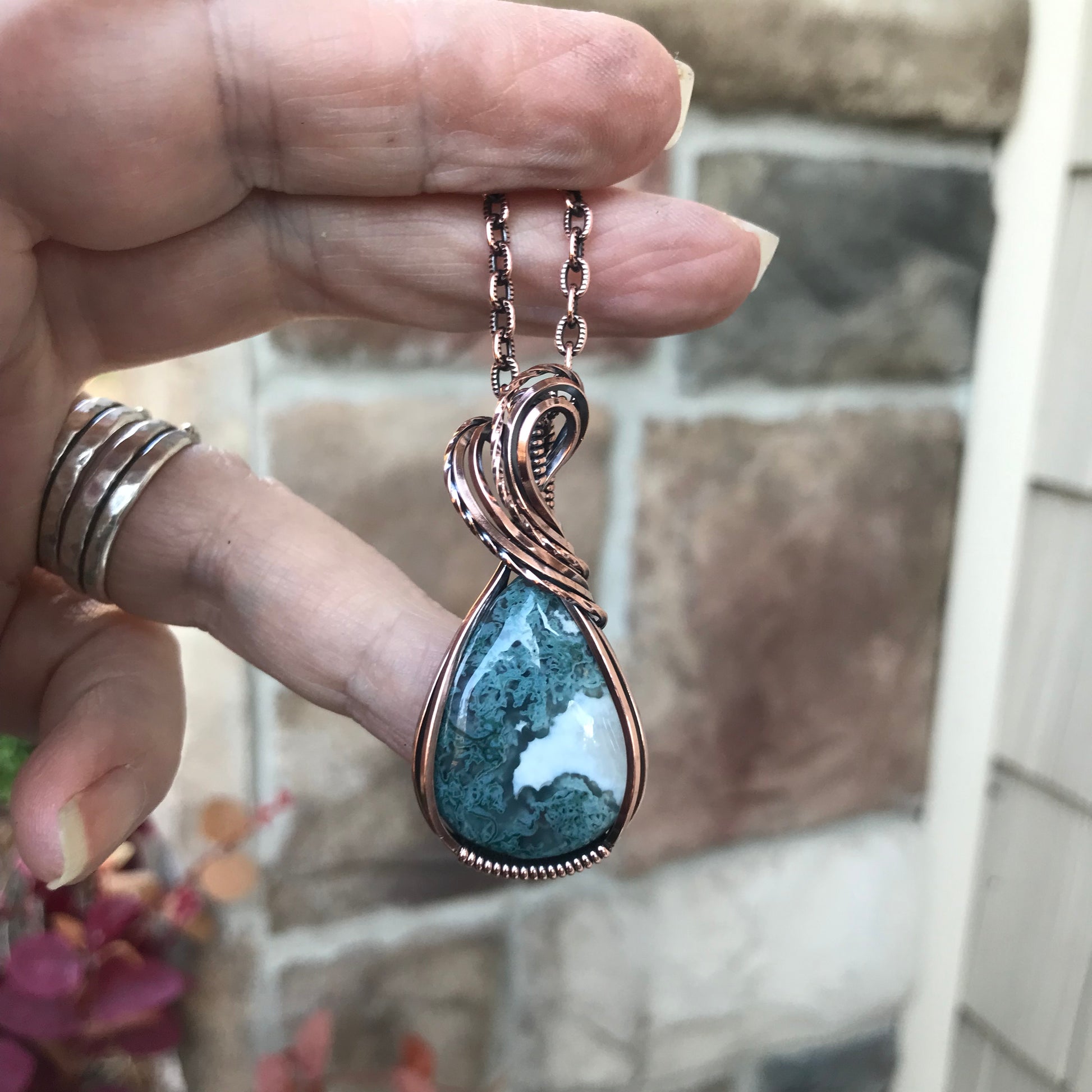 Teal Moss Agate Copper Pendant