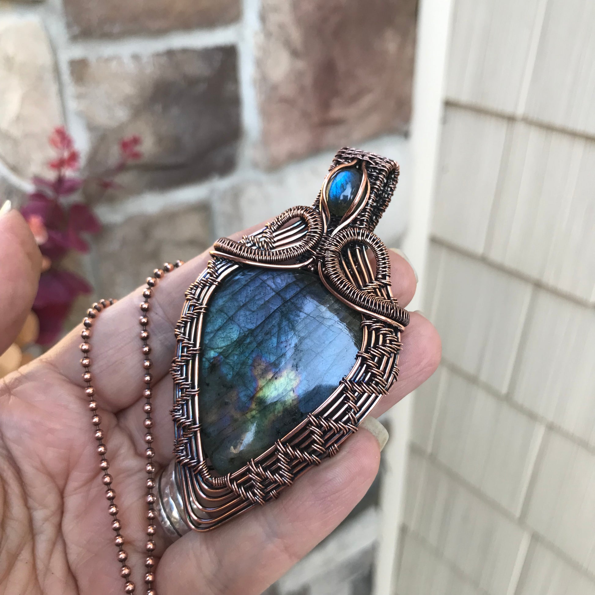 Blue Labradorite Statement Copper Woven Pendant