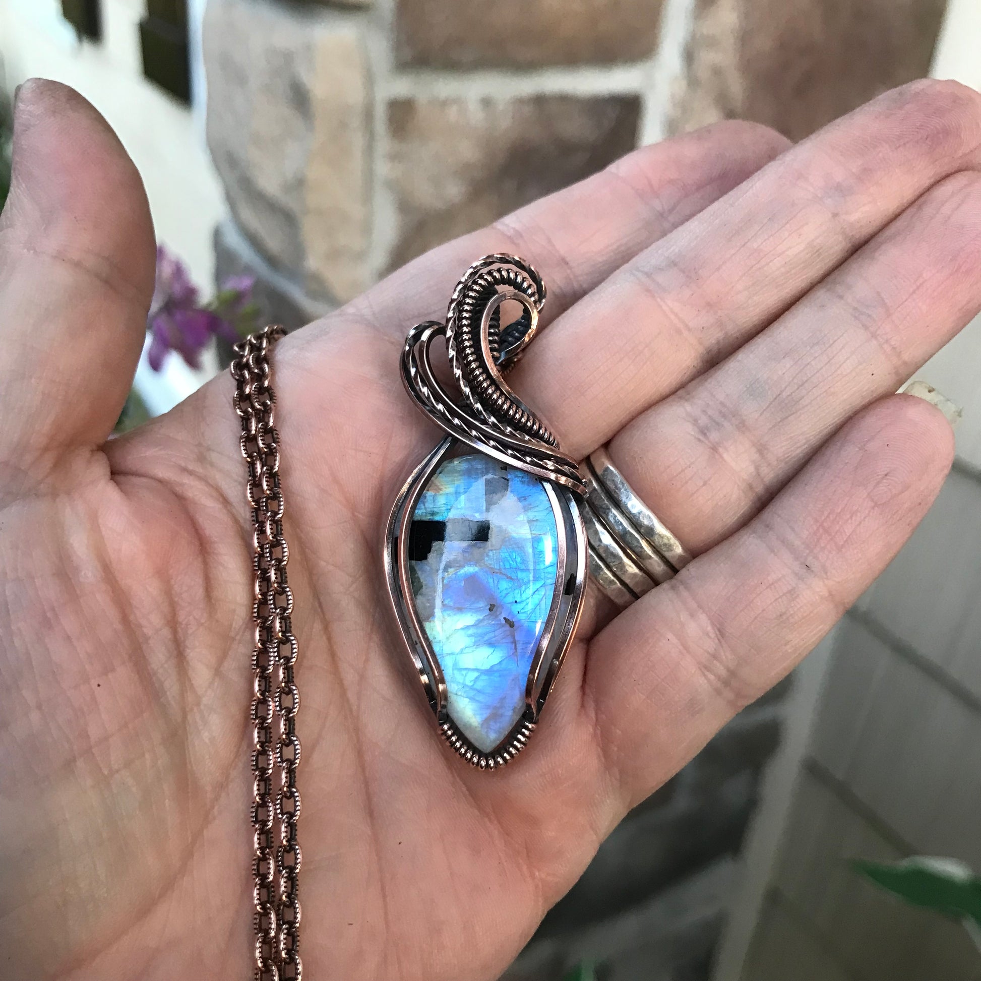 Rainbow Moonstone with Black Tourmaline Copper Pendant