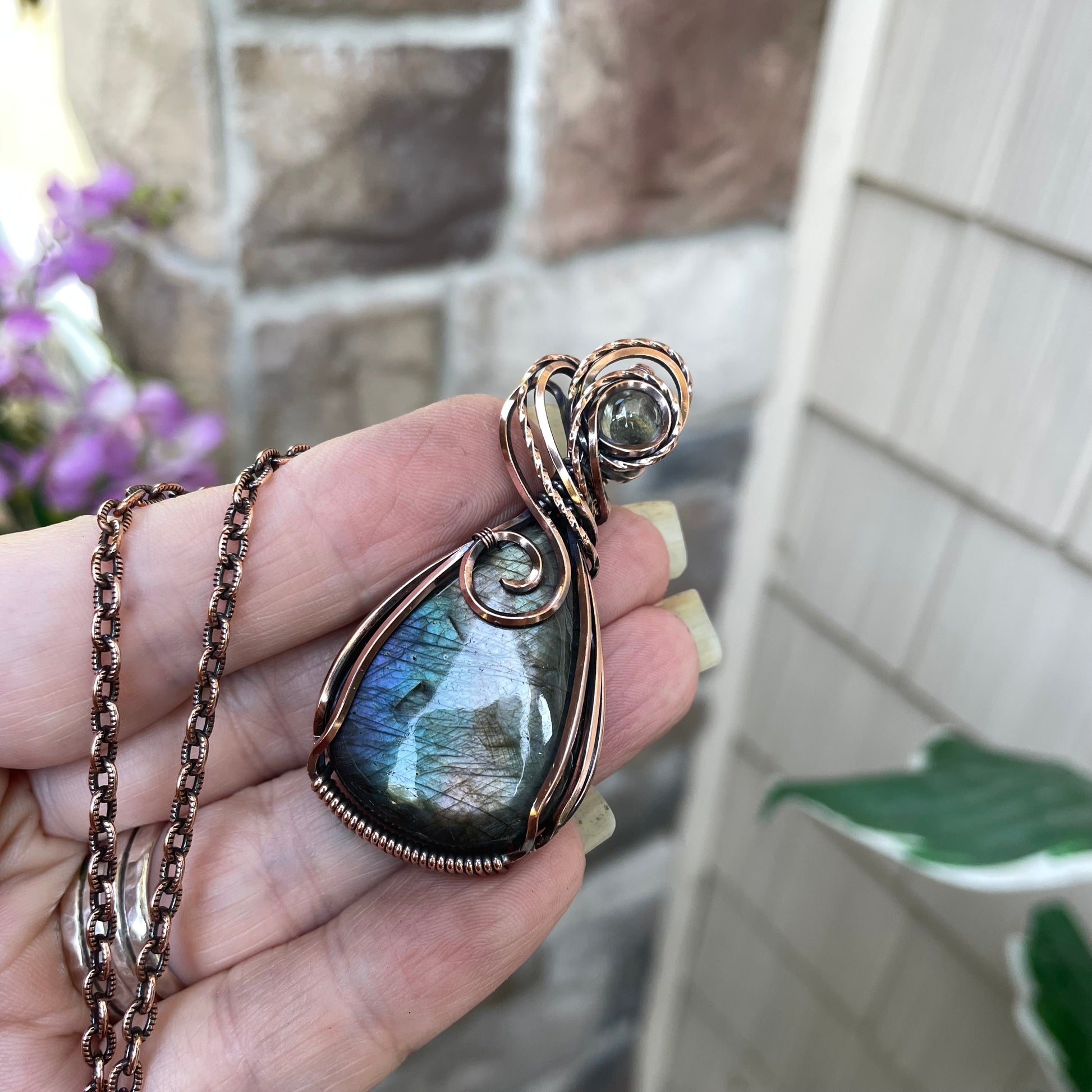 Slate Blue Green Labradorite & Prasiolite Copper Pendant