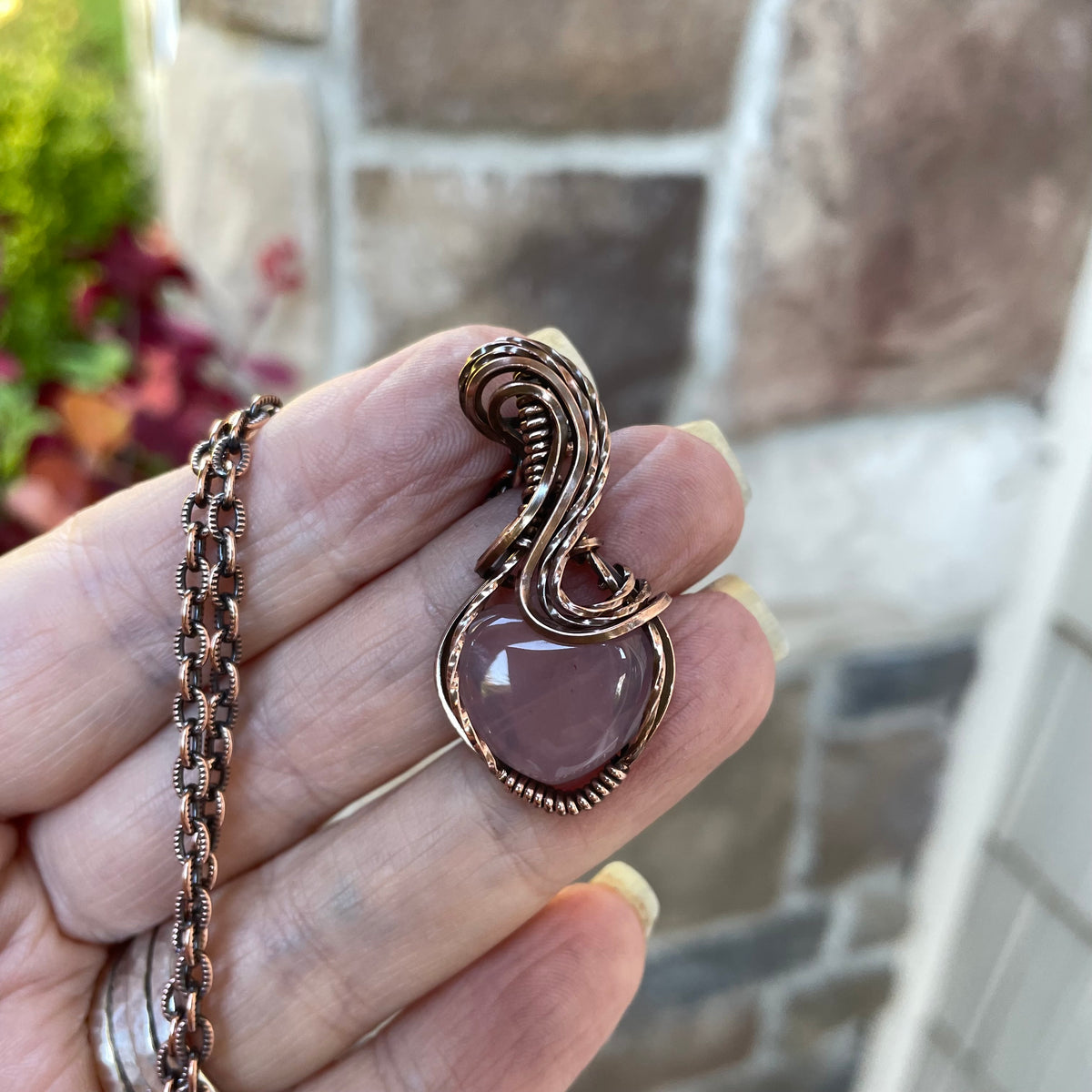 Rose Quartz Small Copper Heart Necklace