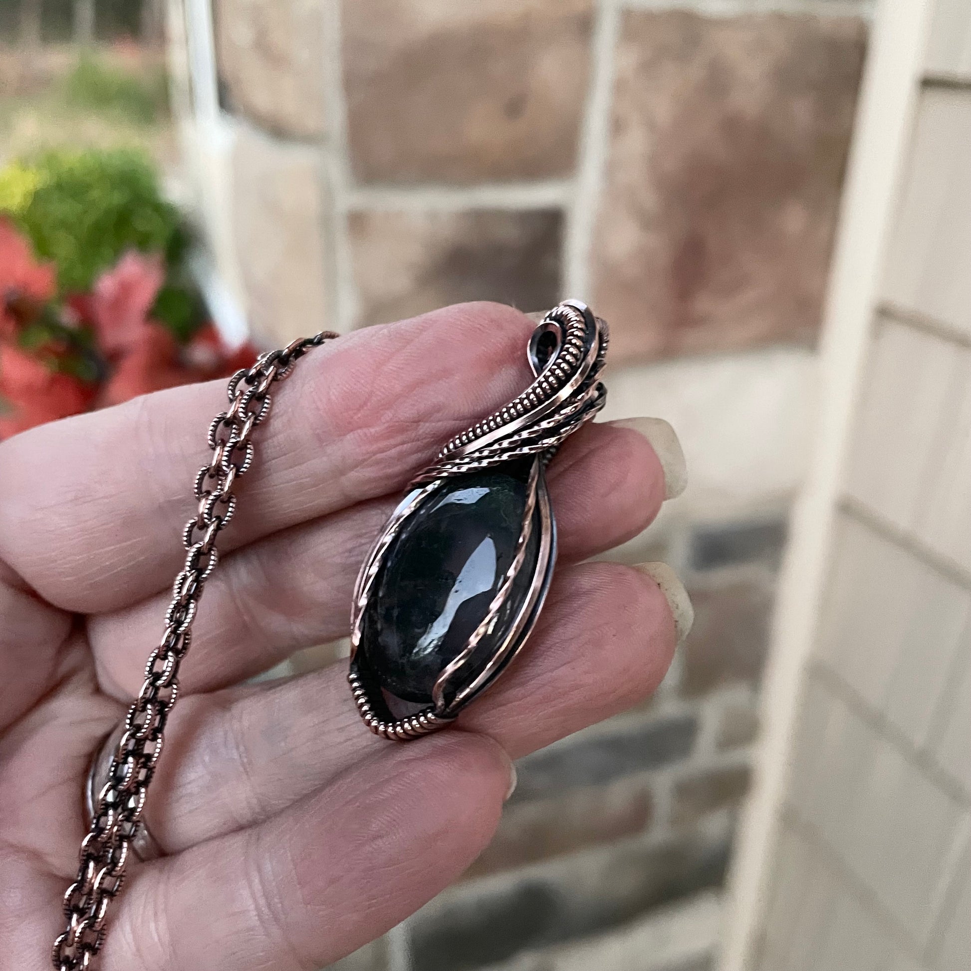 Moss Agate Oval Copper Pendant