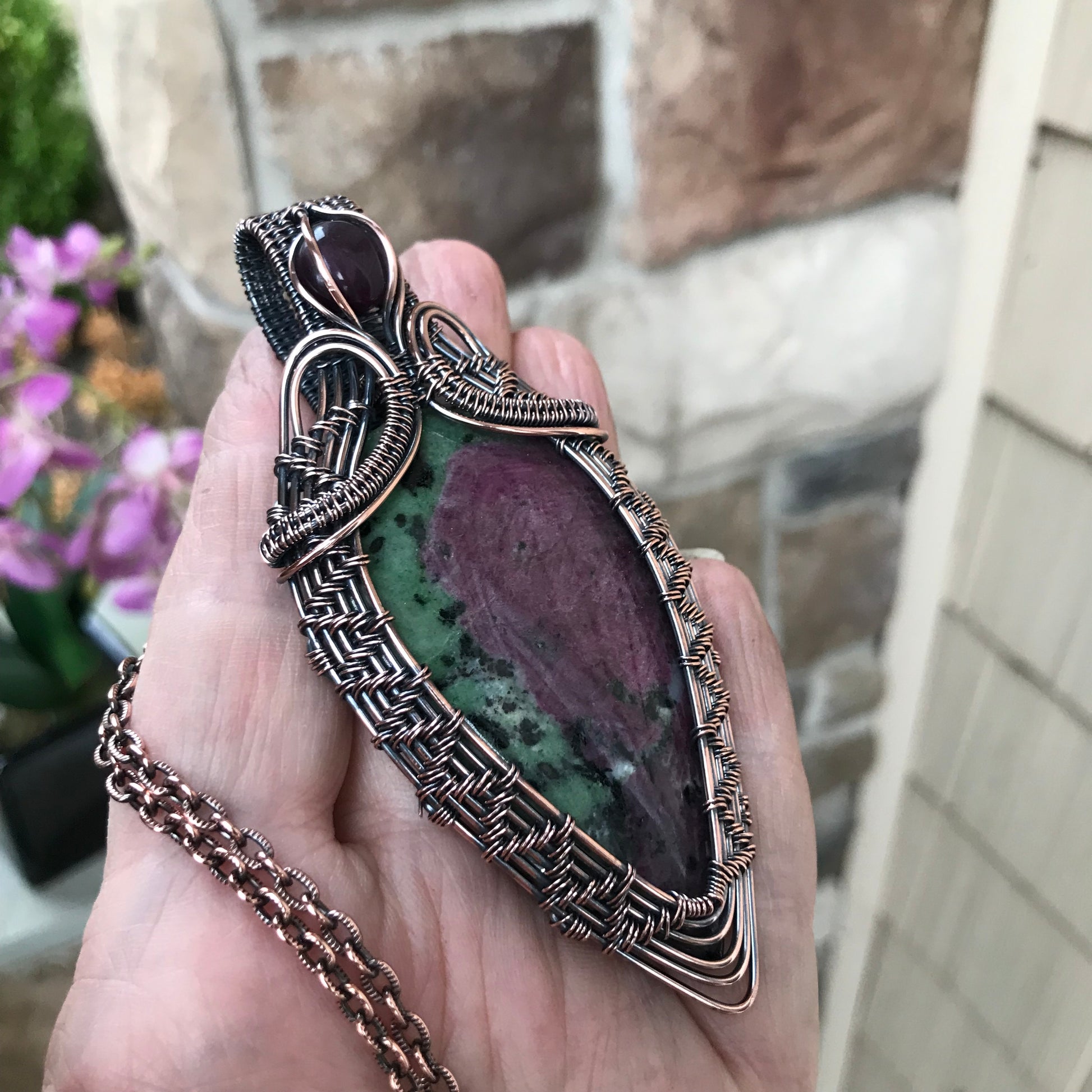 Ruby Zoisite & Pink Cat’s Eye Woven Copper Pendant