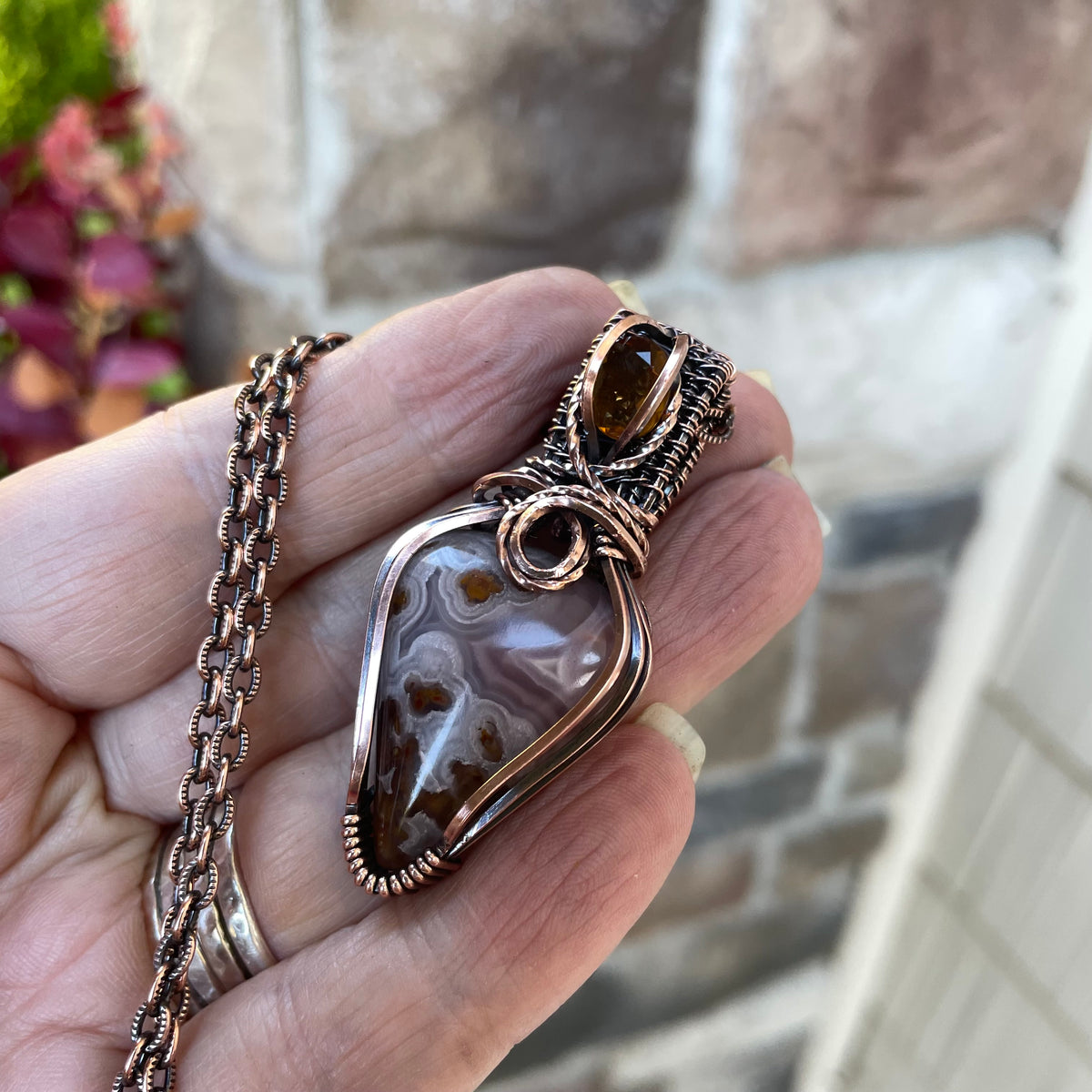 Pink Agua Nueva Plume Moss Agate & Honey Garnet Copper Necklace