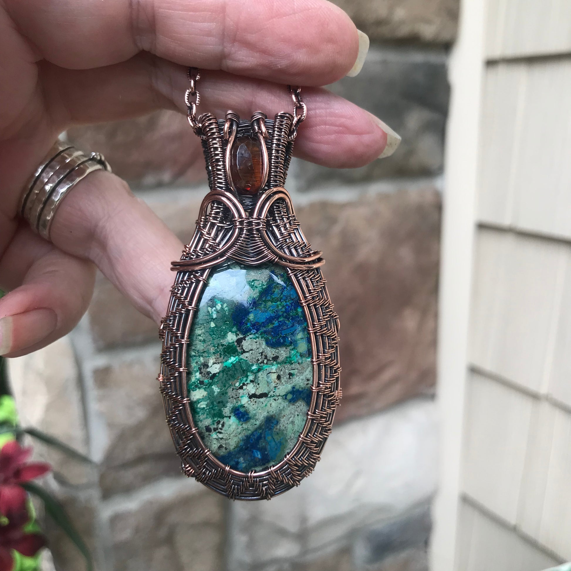 Azurite & Hessonite Garnet Woven Copper Pendant