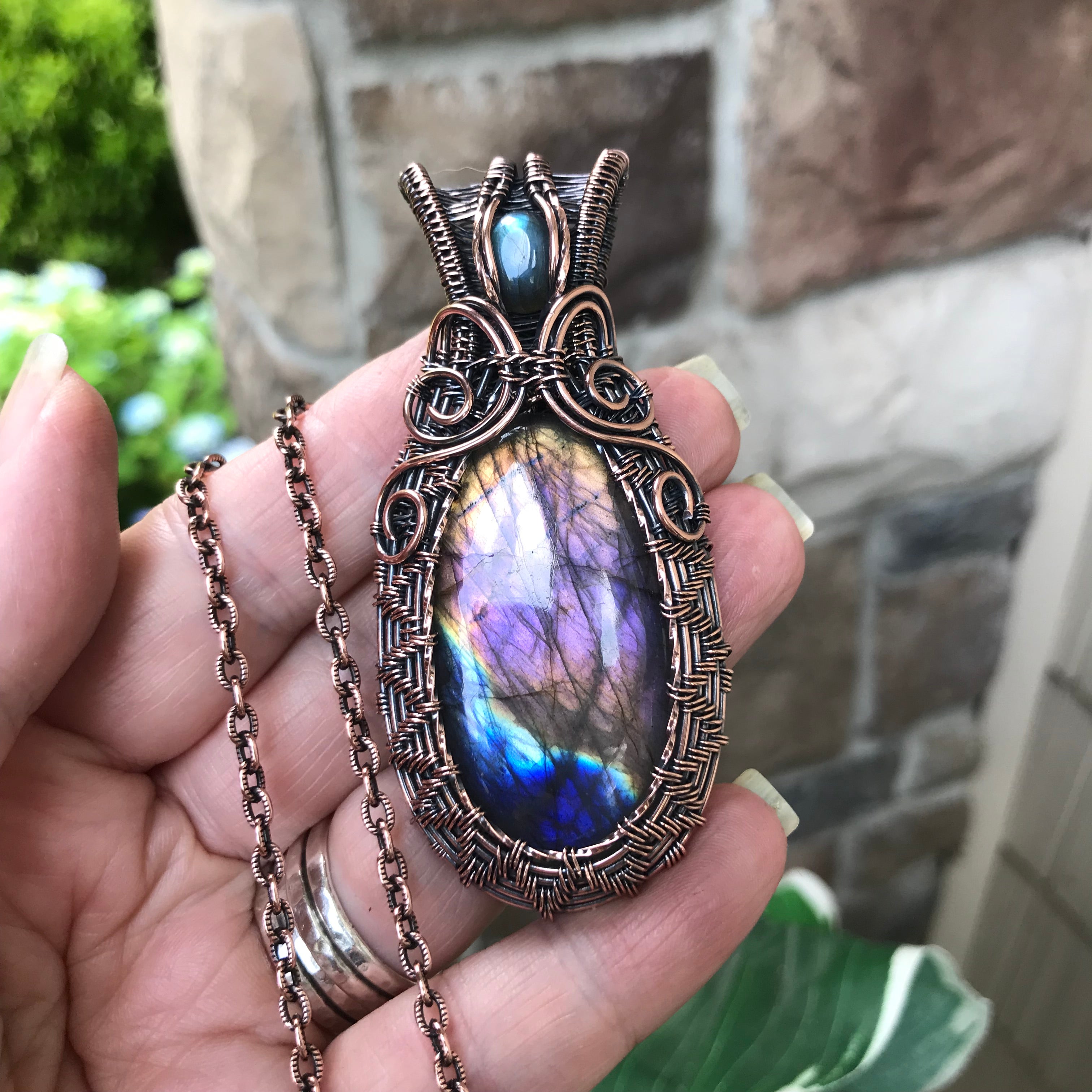 Rainbow Labradorite Woven Copper Pendant
